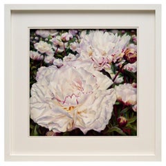 Pastel sur papier vintage, composition hyperréaliste de pivoine de Lyn Diefenbach