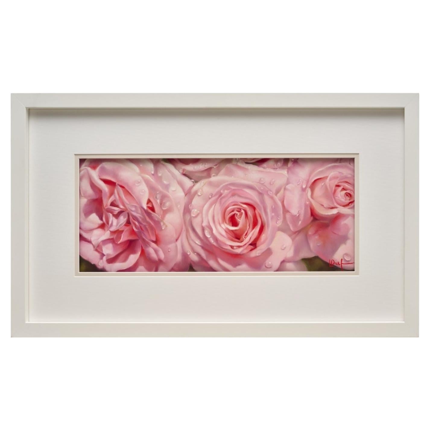 Pastel sur papier vintage, composition de roses hyperréalistes de Lyn Diefenbach