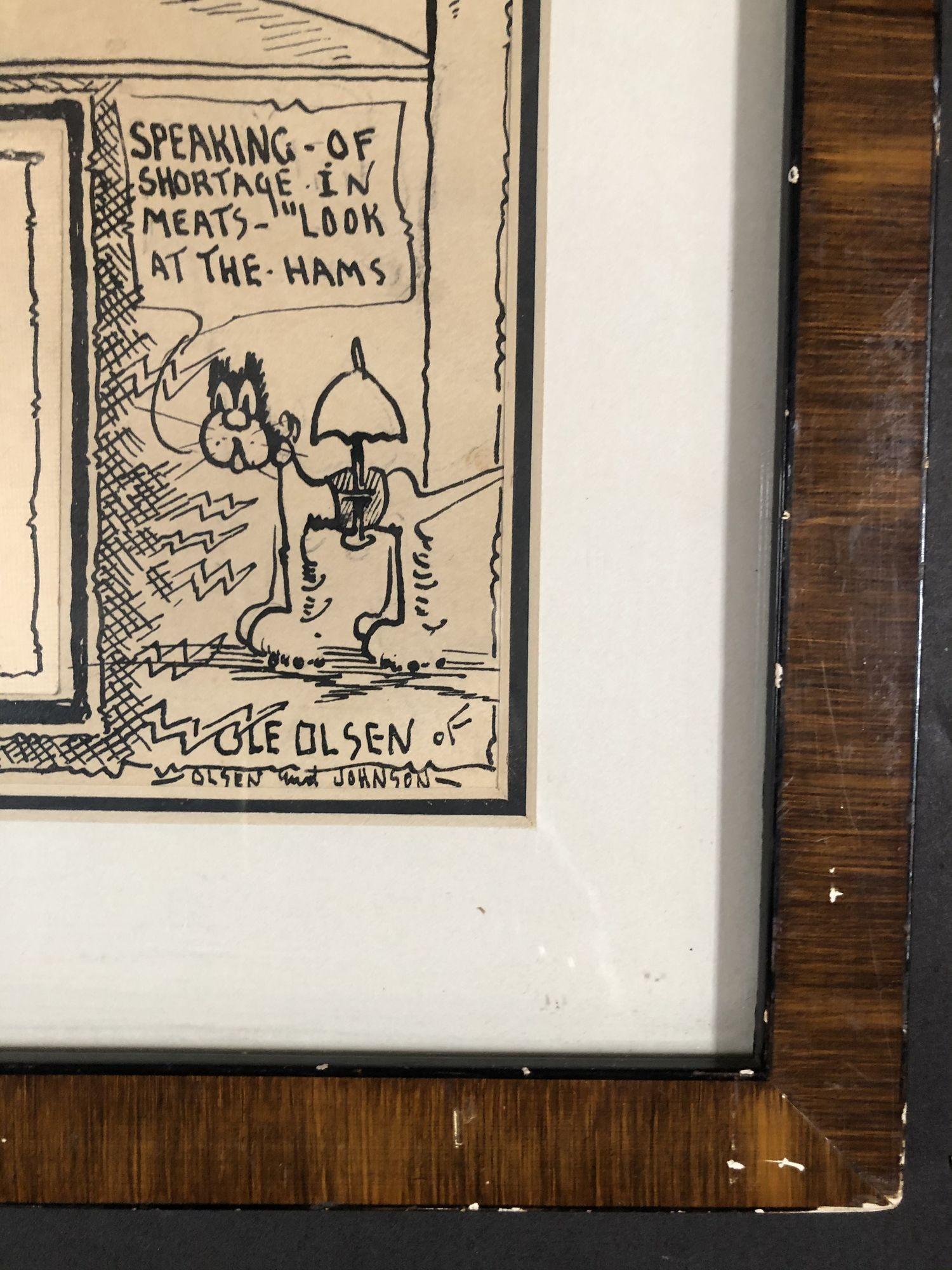 Gerahmter Vintage-Bleistift-Zeichnungs- Cartoon von „Ole Olsen“ von Komikern „Olsen & Johnson“ im Zustand „Hervorragend“ im Angebot in Van Nuys, CA