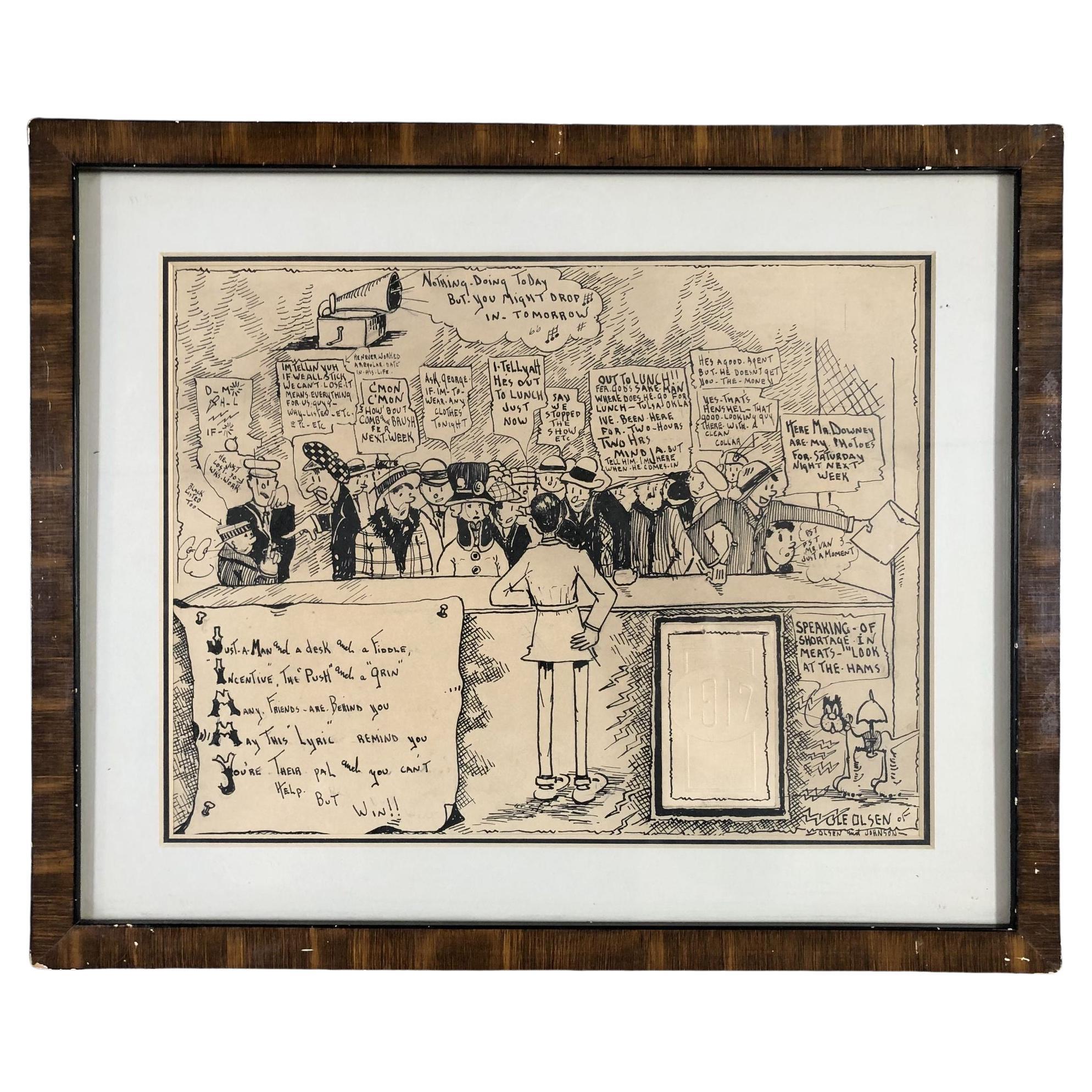 Vintage Framed Pen Drawn Cartoon by "Ole Olsen" from comedians "Olsen & Johnson" For Sale