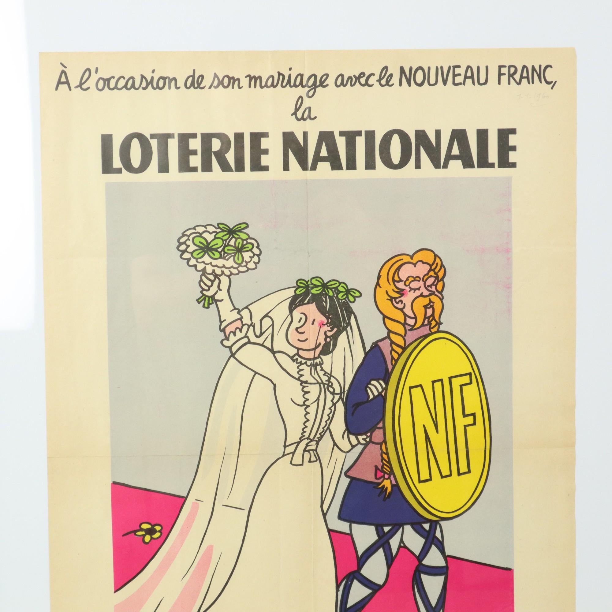 Vintage 1950s framed poster for the 'Loterie Nationale', nouveaux francs, design by Jean Effel, published by Le Belier, dated December 1959, Paris, France.

In reasonable vintage condition, this poster was previously folded in 4, which can still be
