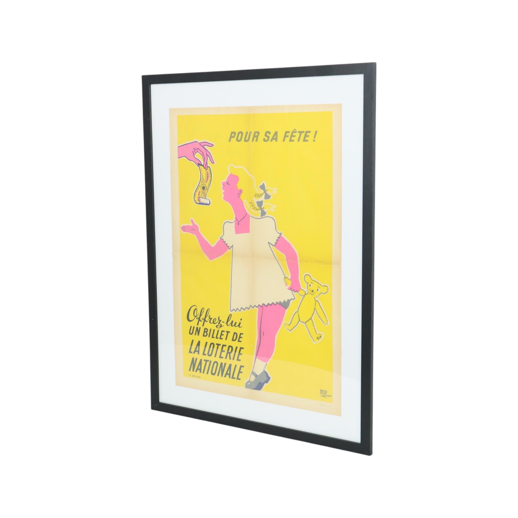 Affiche vintage encadrée Loterie Nationale France des années cinquante publicité M. Pineau en vente 4