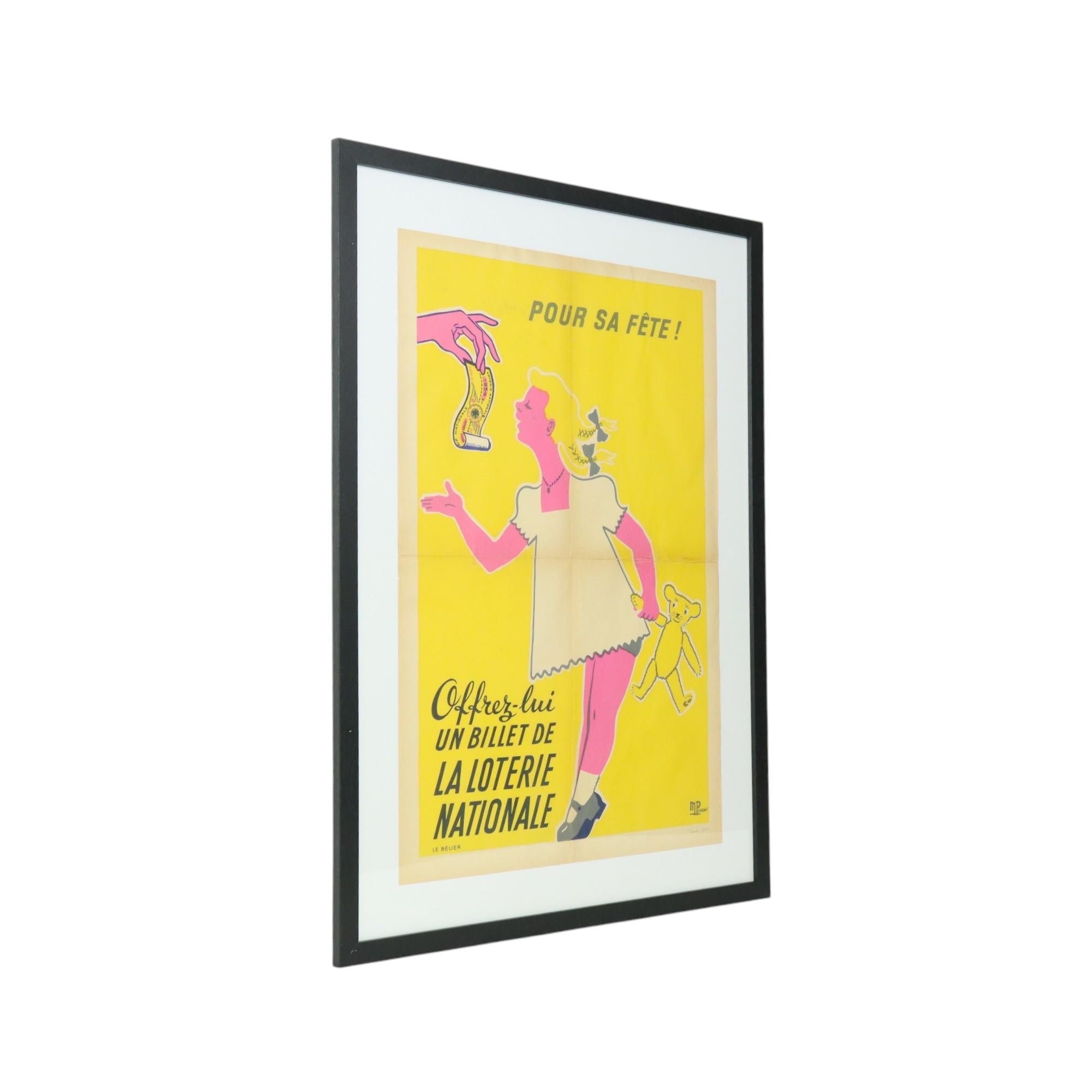Affiche vintage encadrée Loterie Nationale France des années cinquante publicité M. Pineau en vente 5