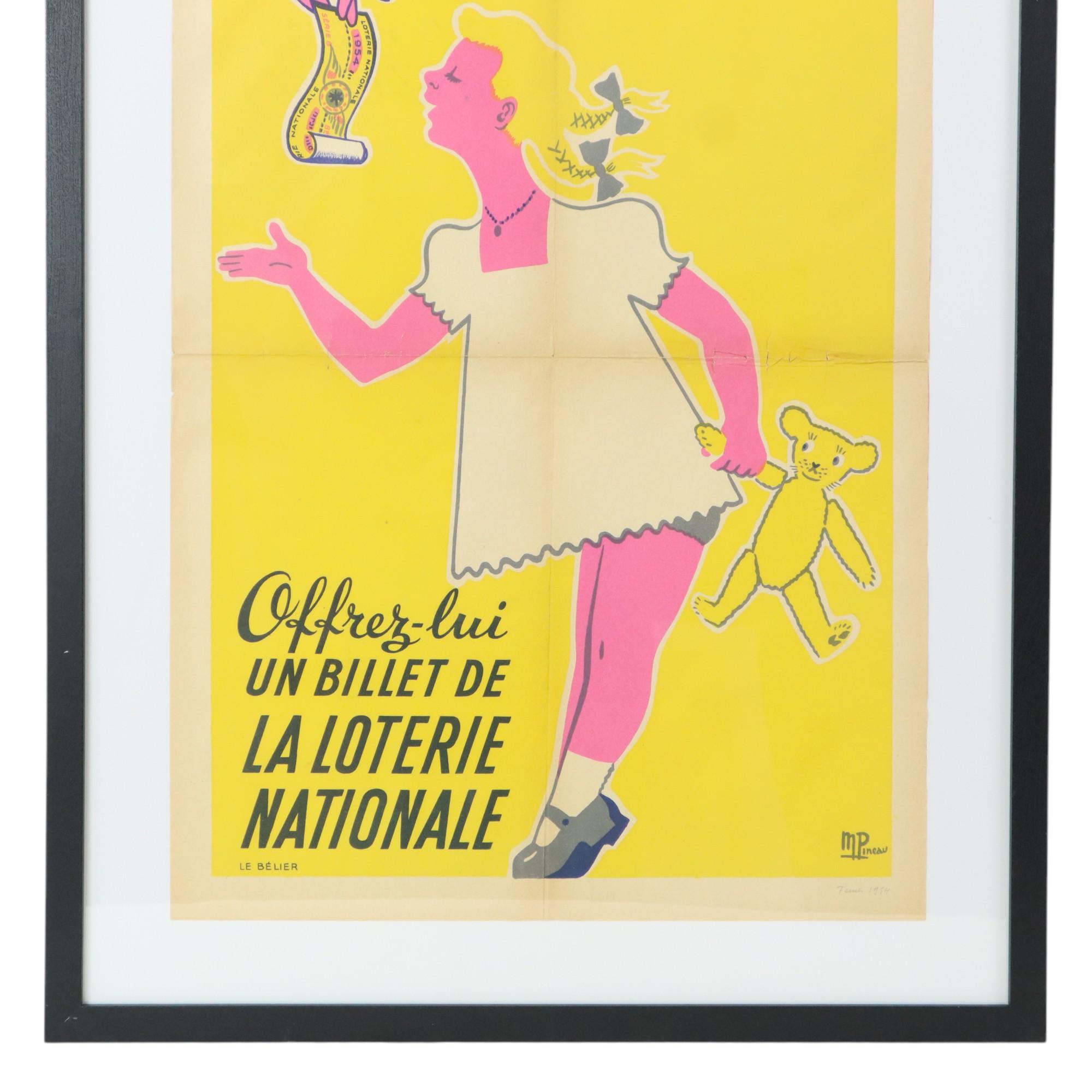 Français Affiche vintage encadrée Loterie Nationale France des années cinquante publicité M. Pineau en vente