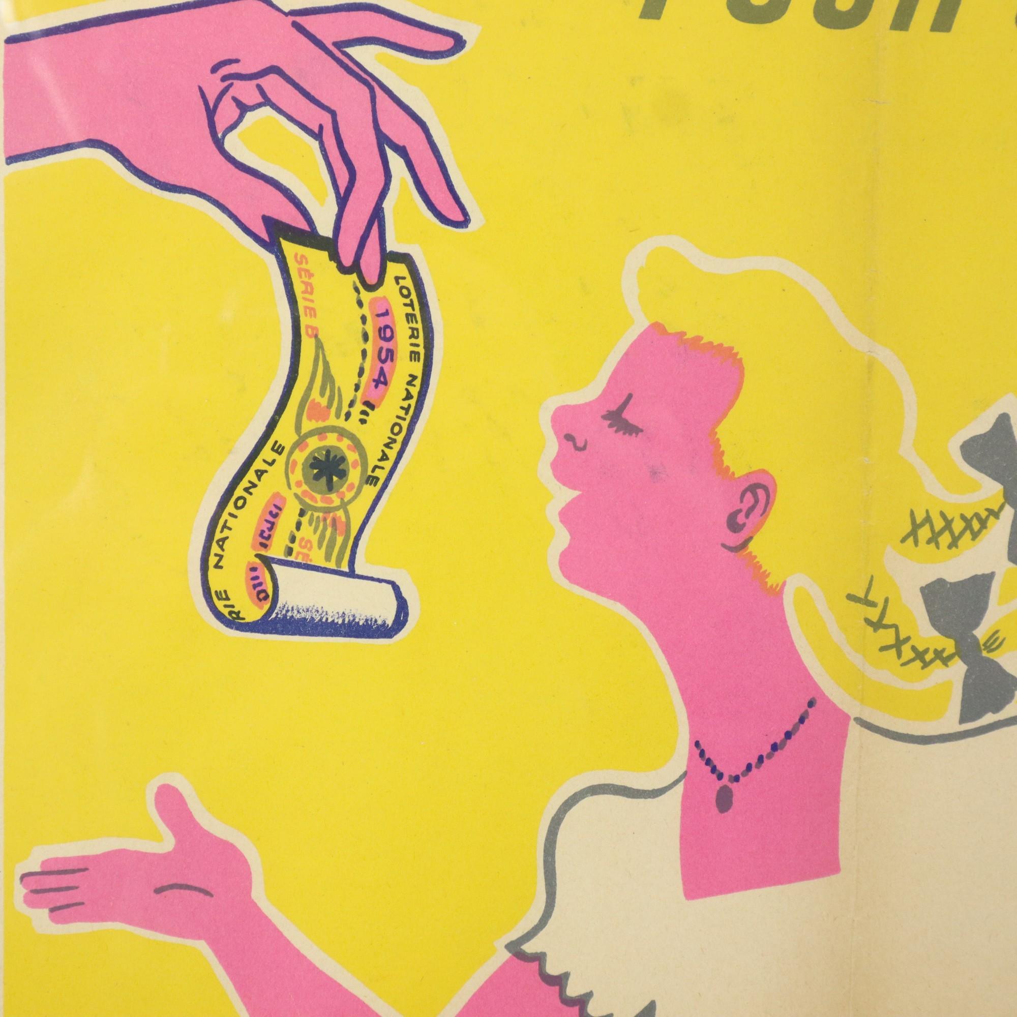 Affiche vintage encadrée Loterie Nationale France des années cinquante publicité M. Pineau en vente 1