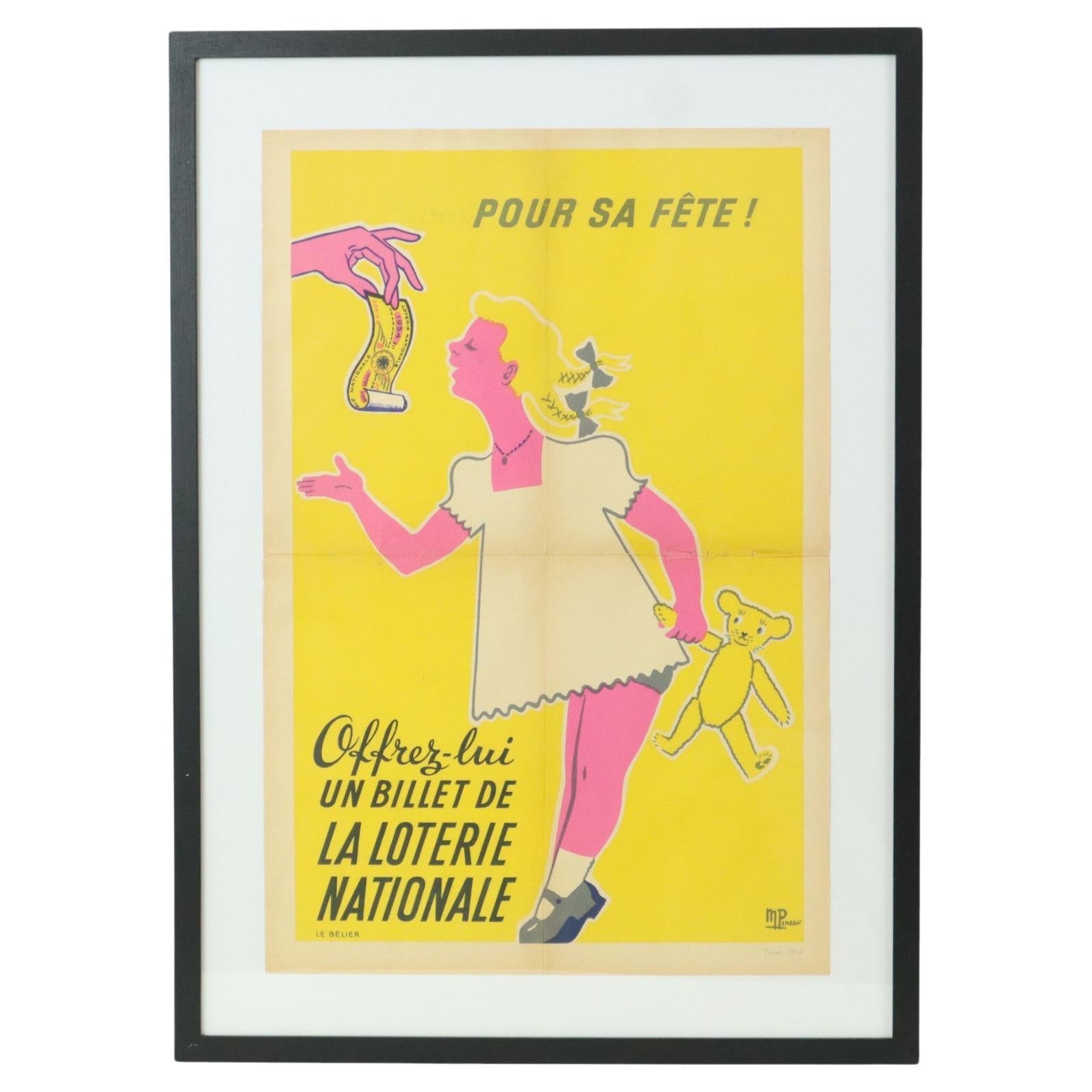 Poster d'epoca incorniciato Loterie Nationale France Fifties Advertisement M. Pineau