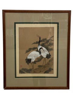 Framed Asian Crane Bird Artwork with Red Seal, Double-Matted Wood Frame.