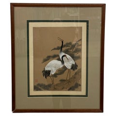 Framed Asian Crane Bird Artwork with Red Seal, Double-Matted Wood Frame.