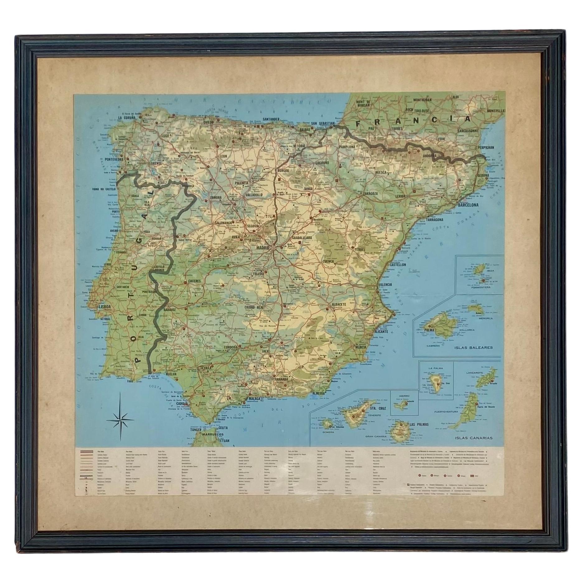 Vintage Framed Print of Spain, Canary Islands and Portugal, Framed