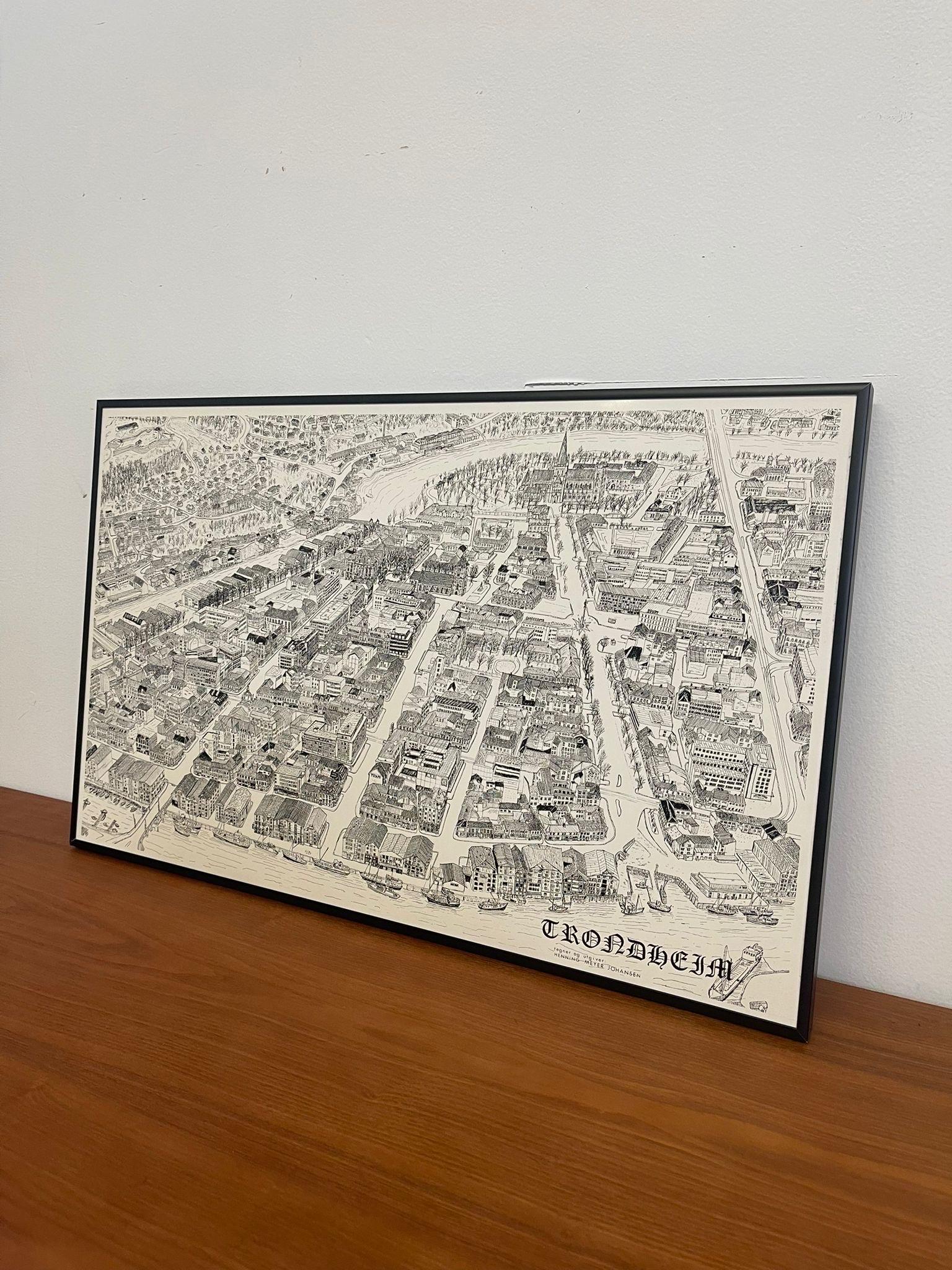 Mid-Century Modern Vintage Framed Print of Trondheim Cityscape Map.