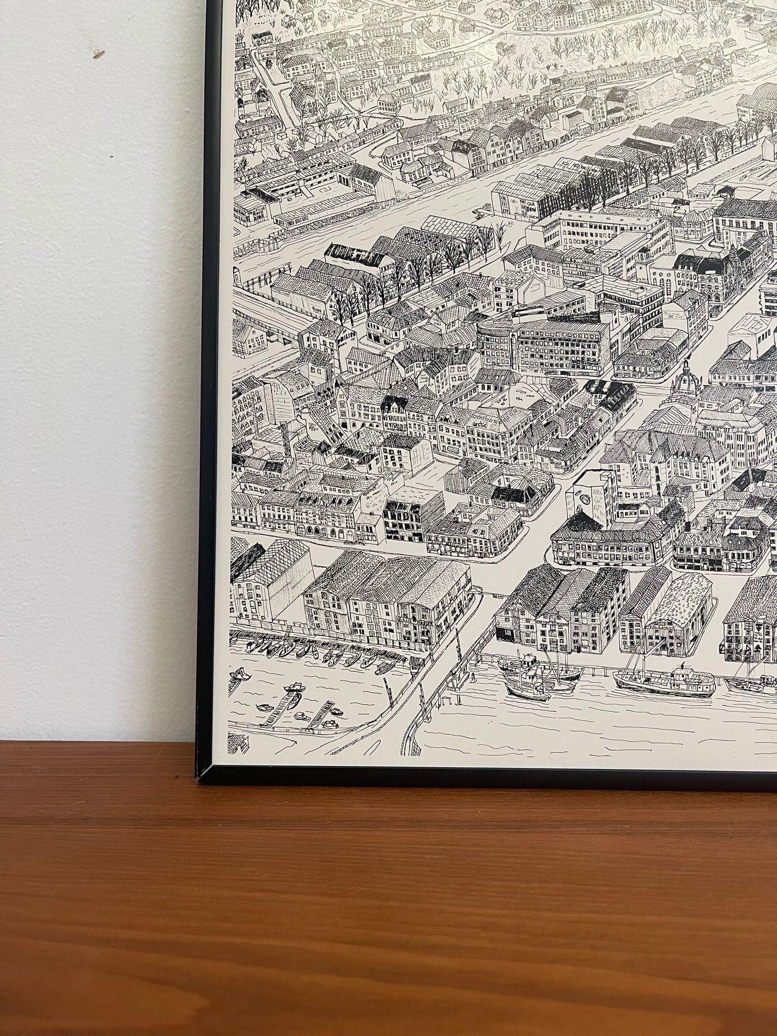 Late 20th Century Vintage Framed Print of Trondheim Cityscape Map.