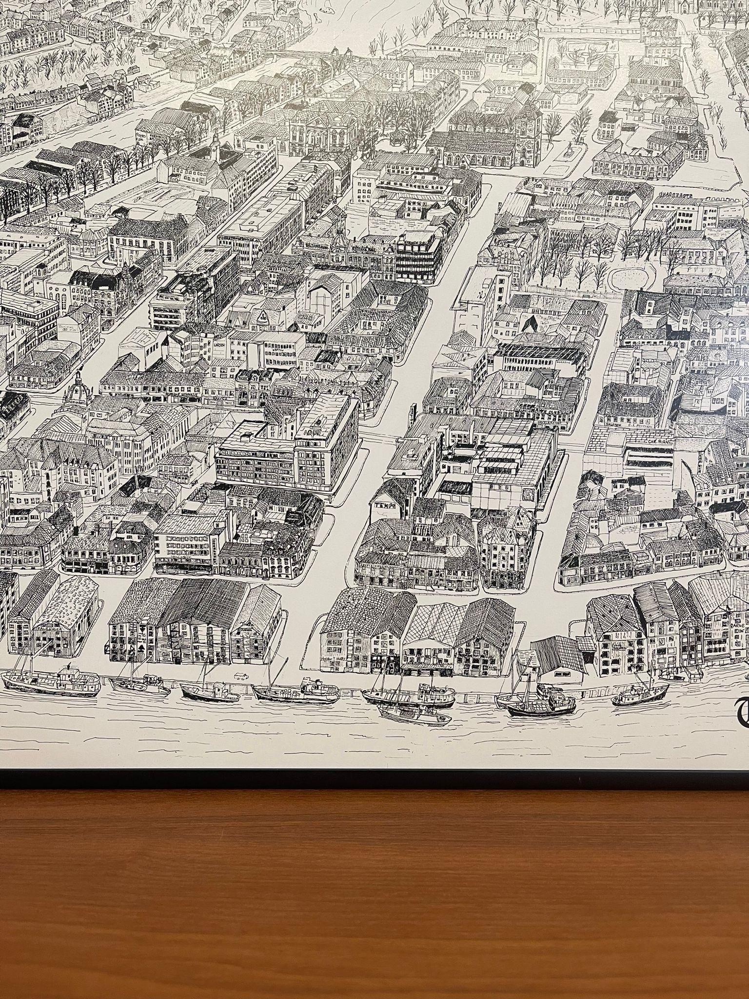 Wood Vintage Framed Print of Trondheim Cityscape Map.