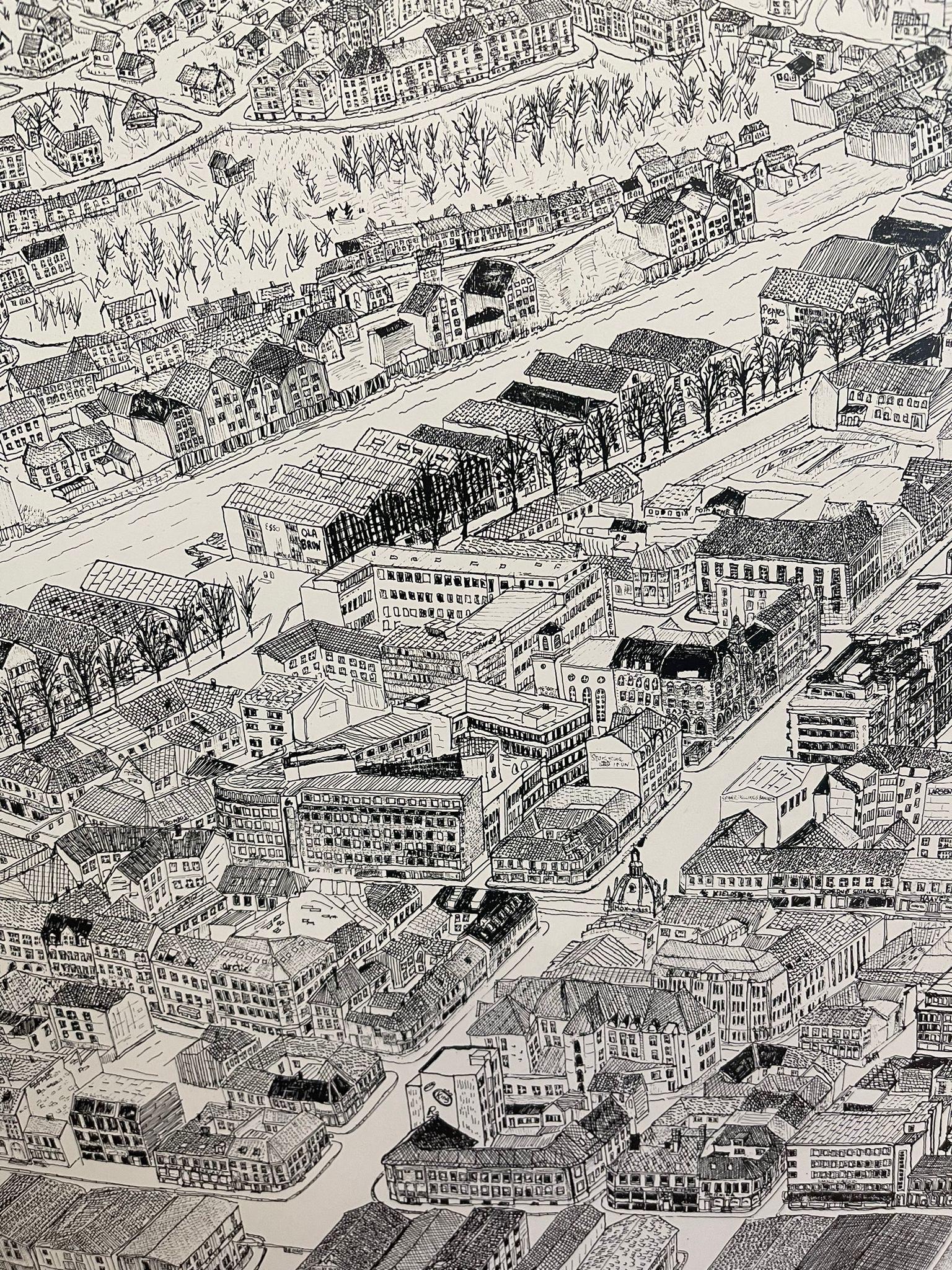 Vintage Framed Print of Trondheim Cityscape Map. 2