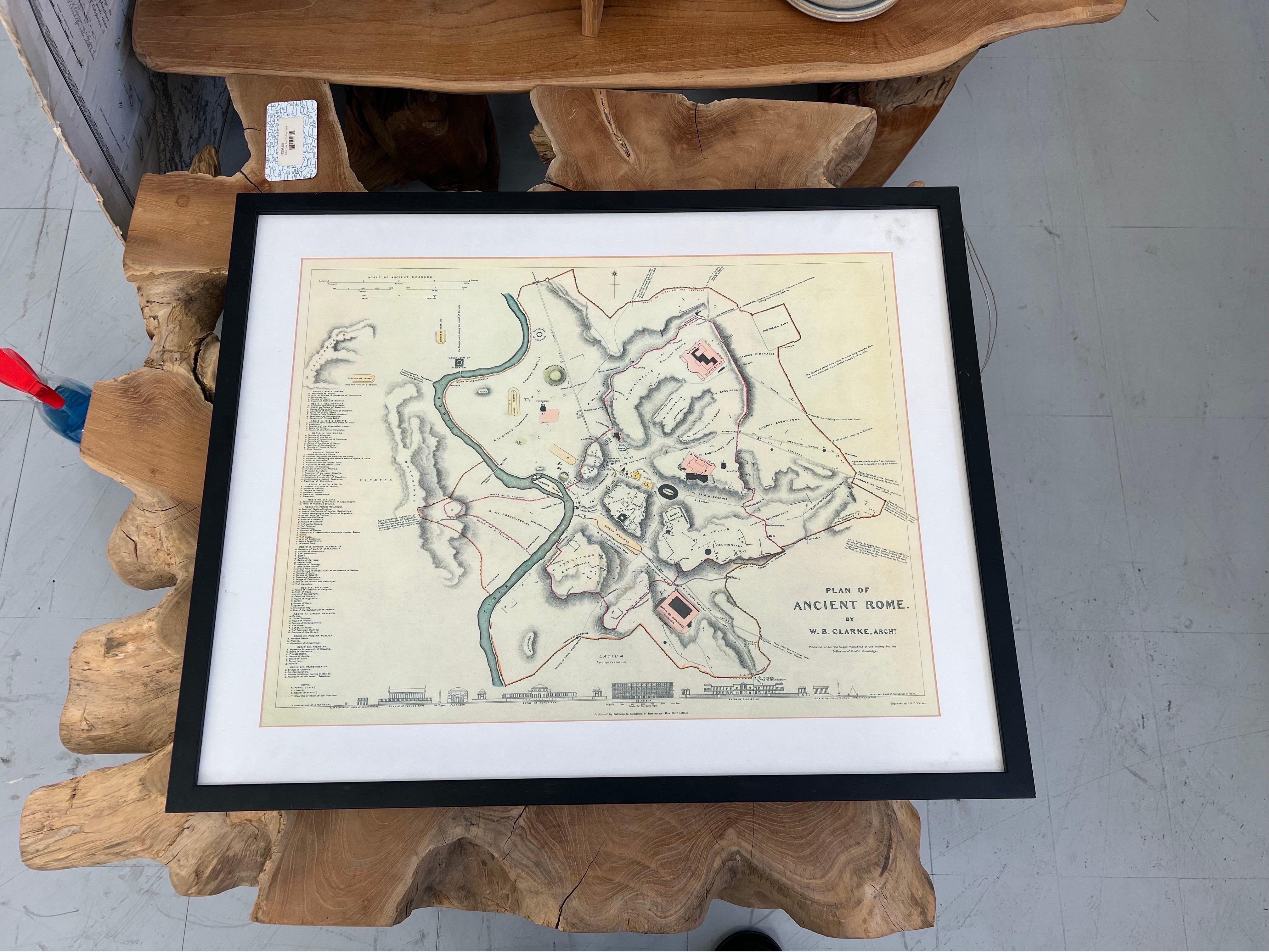 Mid-Century Modern Vintage Framed Print, Plan of Ancient Rome For Sale