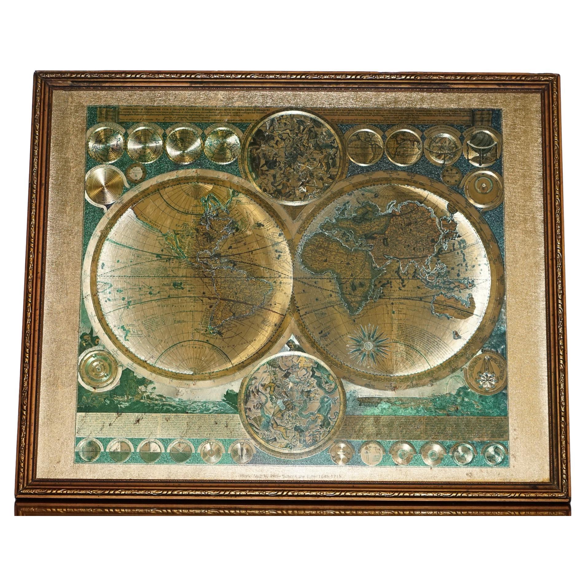 VINTAGE FRAMED PRINT PLANISPHAERIUM TERRESTRE GOLD FOiL MAP WORLD PETER SCHENK
