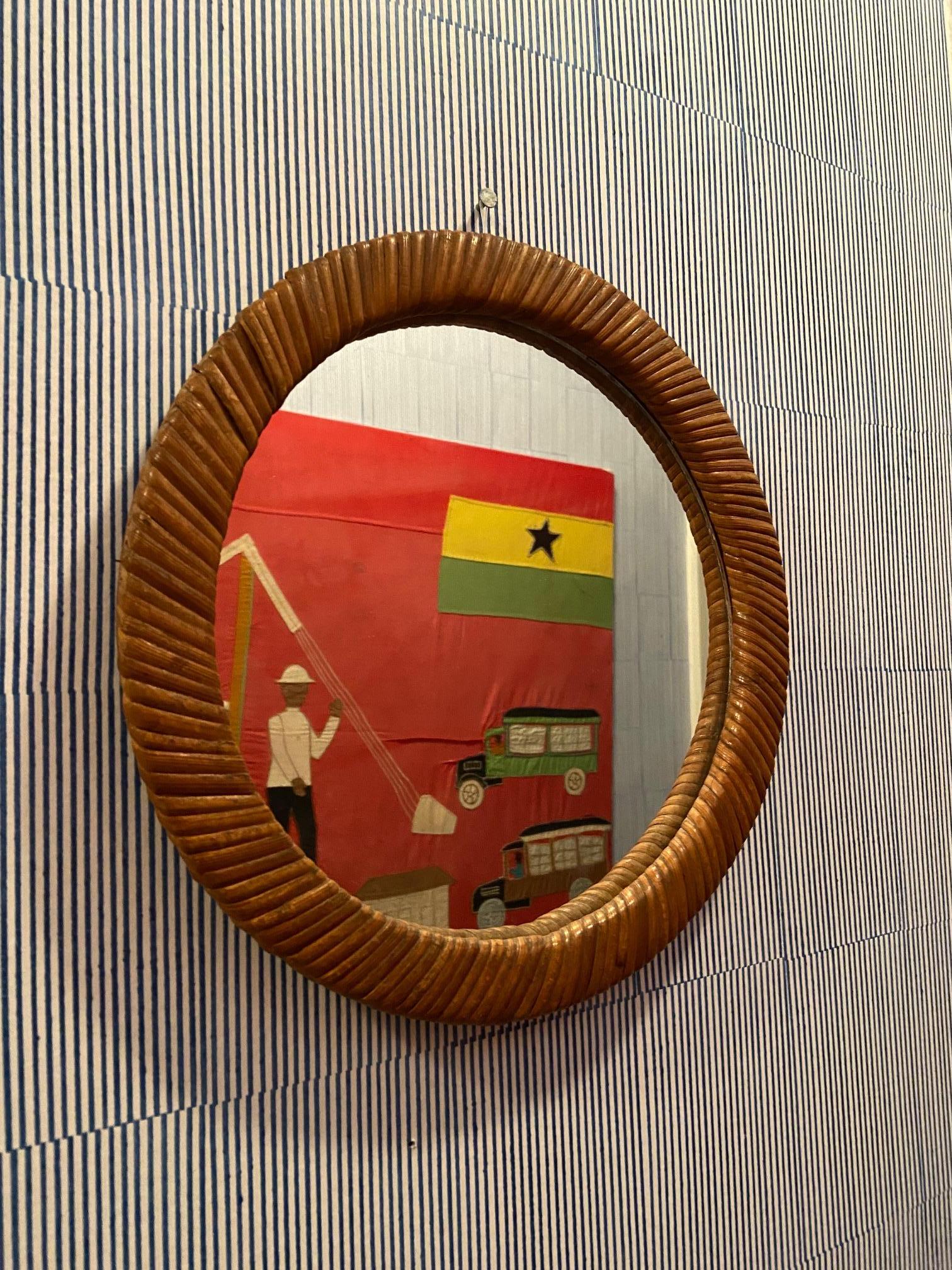 French Vintage Framed Rattan Wall Mirror, France