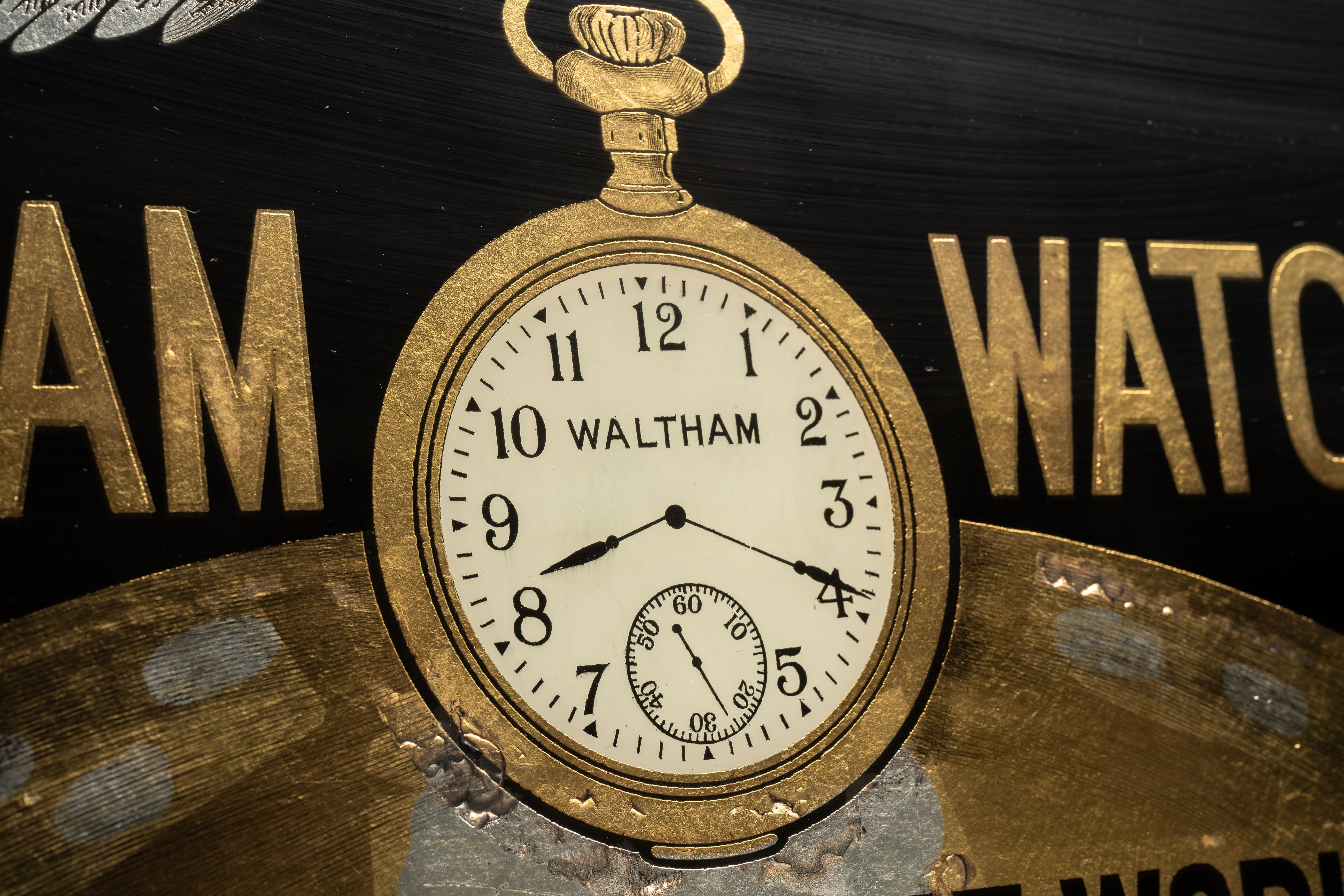 Vetro Insegna di orologi Waltham dei primi del Novecento con cornice dipinta al contrario in vendita