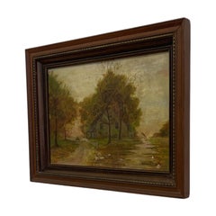 Dipinto vintage di un paesaggio rurale su tela da pittura, incorniciato, firmato G.E.K.