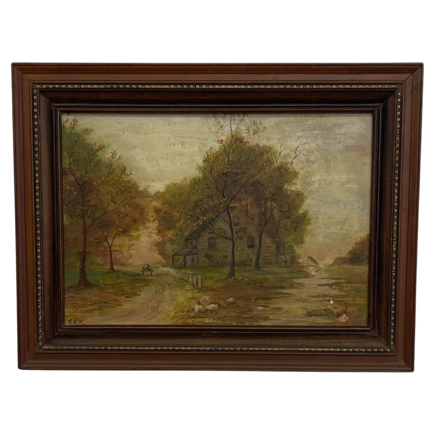 Vintage Framed Rural Landscape Painting on Canvas Board, Signed G.E.K.