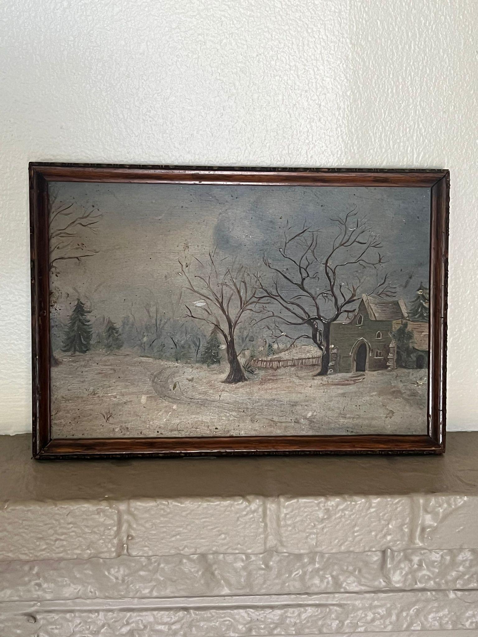  Diese szenische Malerei im Vintage-Stil zeigt eine ruhige Szene mit einem Wald, Bäumen und einem Haus. Das Gemälde ist auf einem Brett und gerahmt. Es hat eine schöne Patina und Charakter. Vintage Zustand wie abgebildet. Die Auflistung ist nur für
