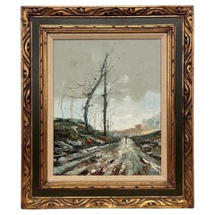 Peinture vintage encadrée et signée, scène abstraite