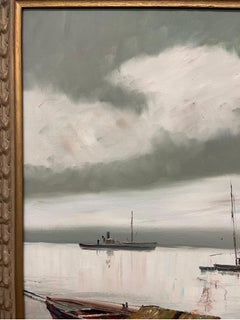 Cuadro Vintage Enmarcado Firmado, Escena Náutica Impresionista