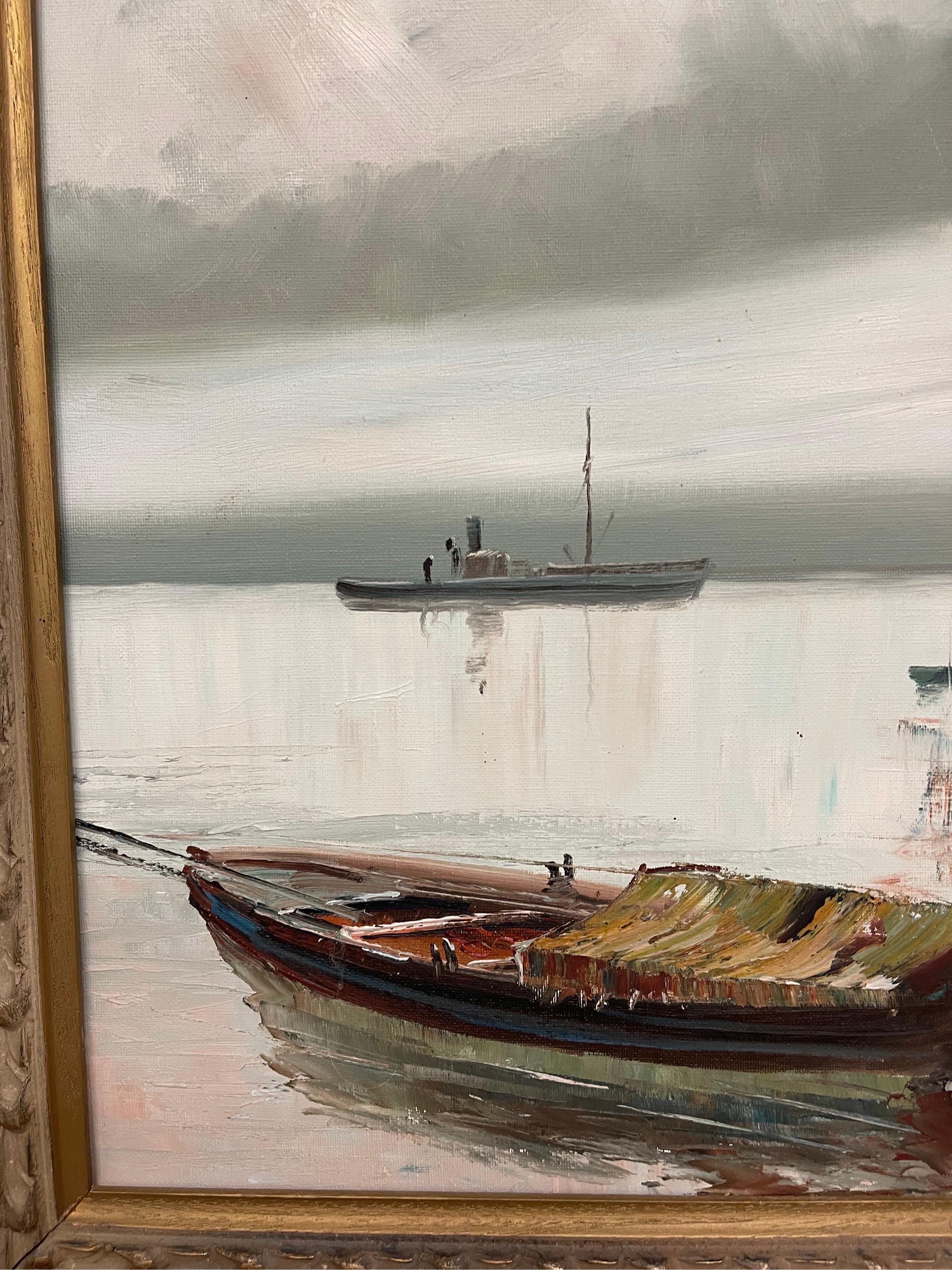 Vintage Framed Signed Painting, Impressionistic Nautical Scene In Good Condition For Sale In Seattle, WA