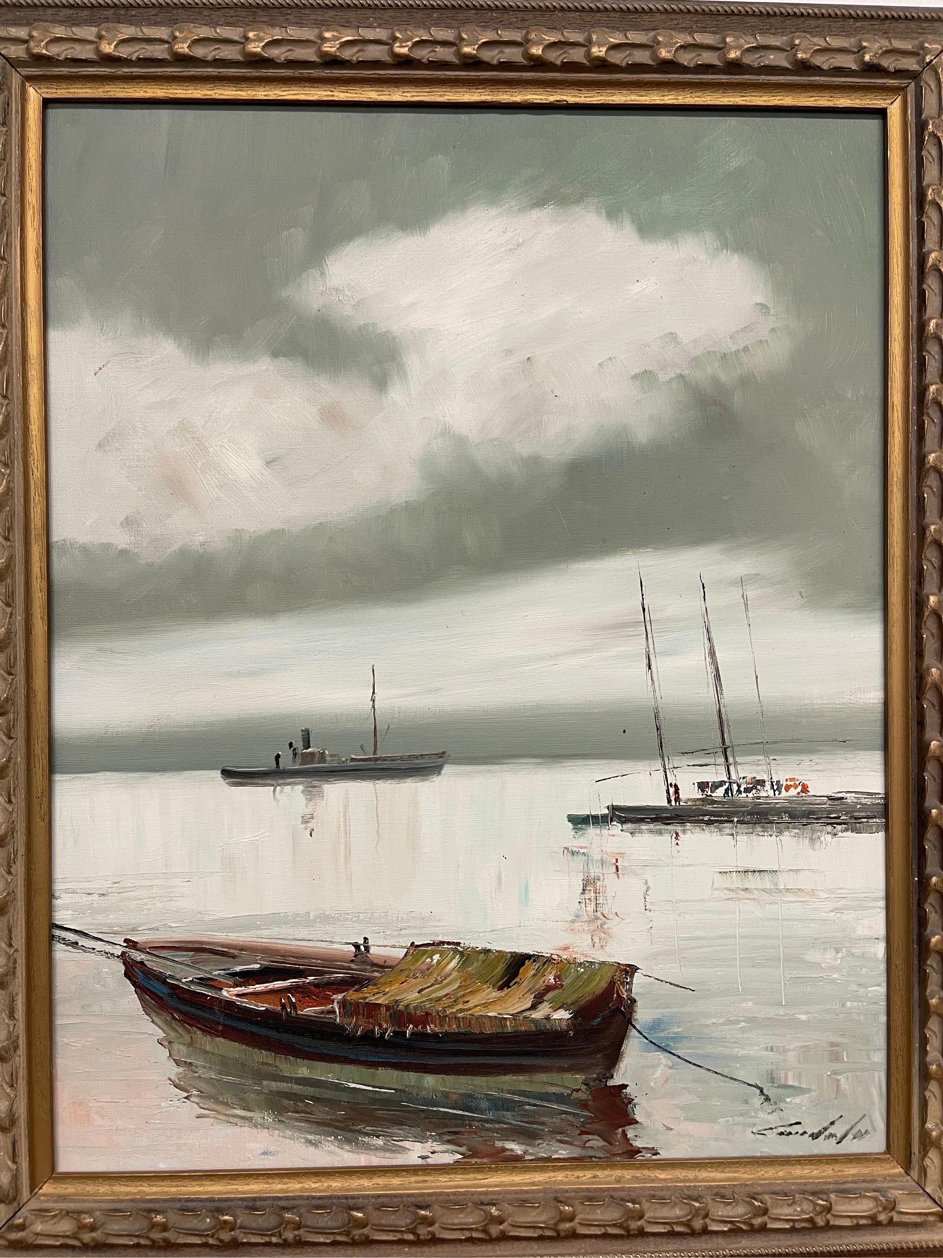 Late 20th Century Vintage Framed Signed Painting, Impressionistic Nautical Scene For Sale