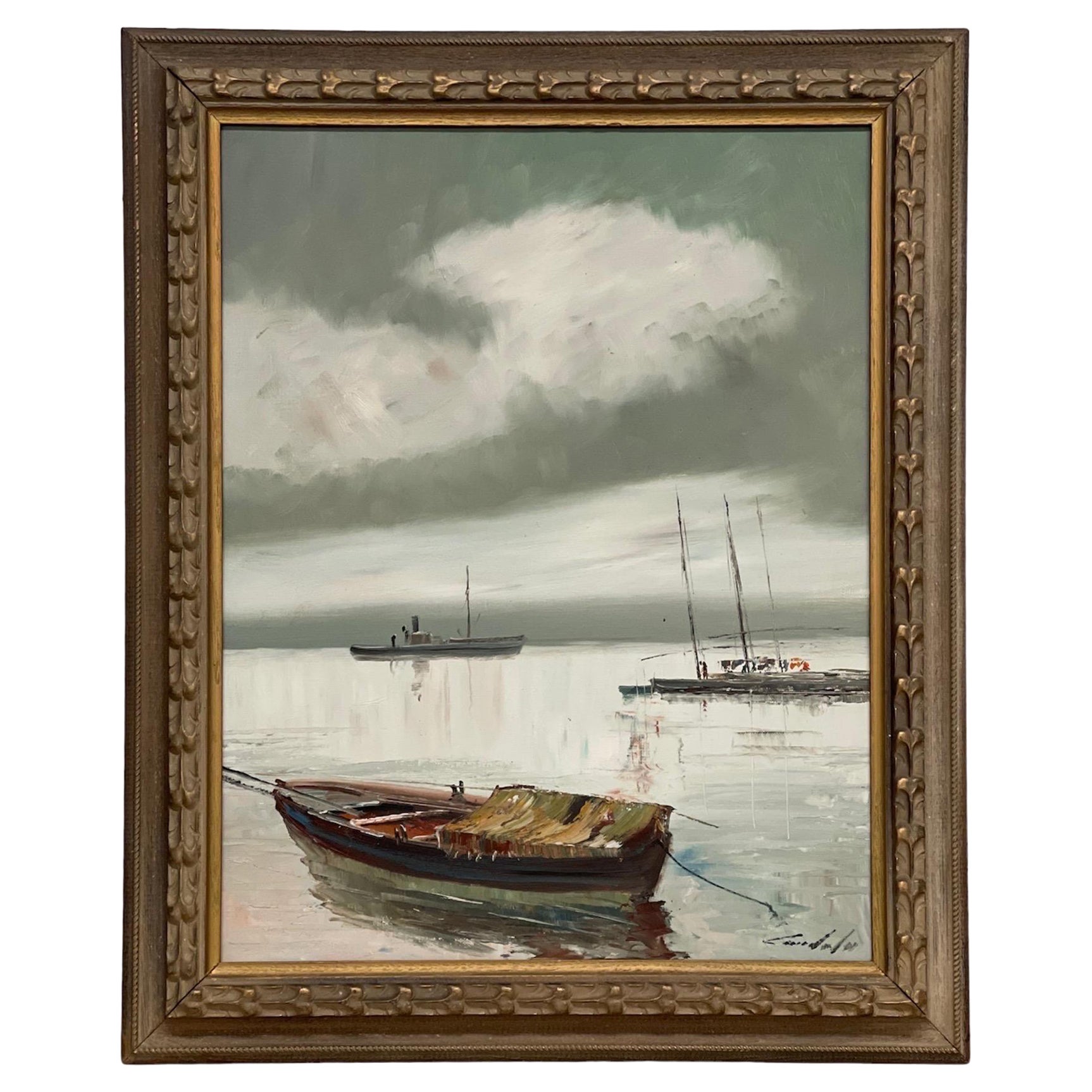 Peinture vintage encadrée et signée. Scène nautique impressionniste