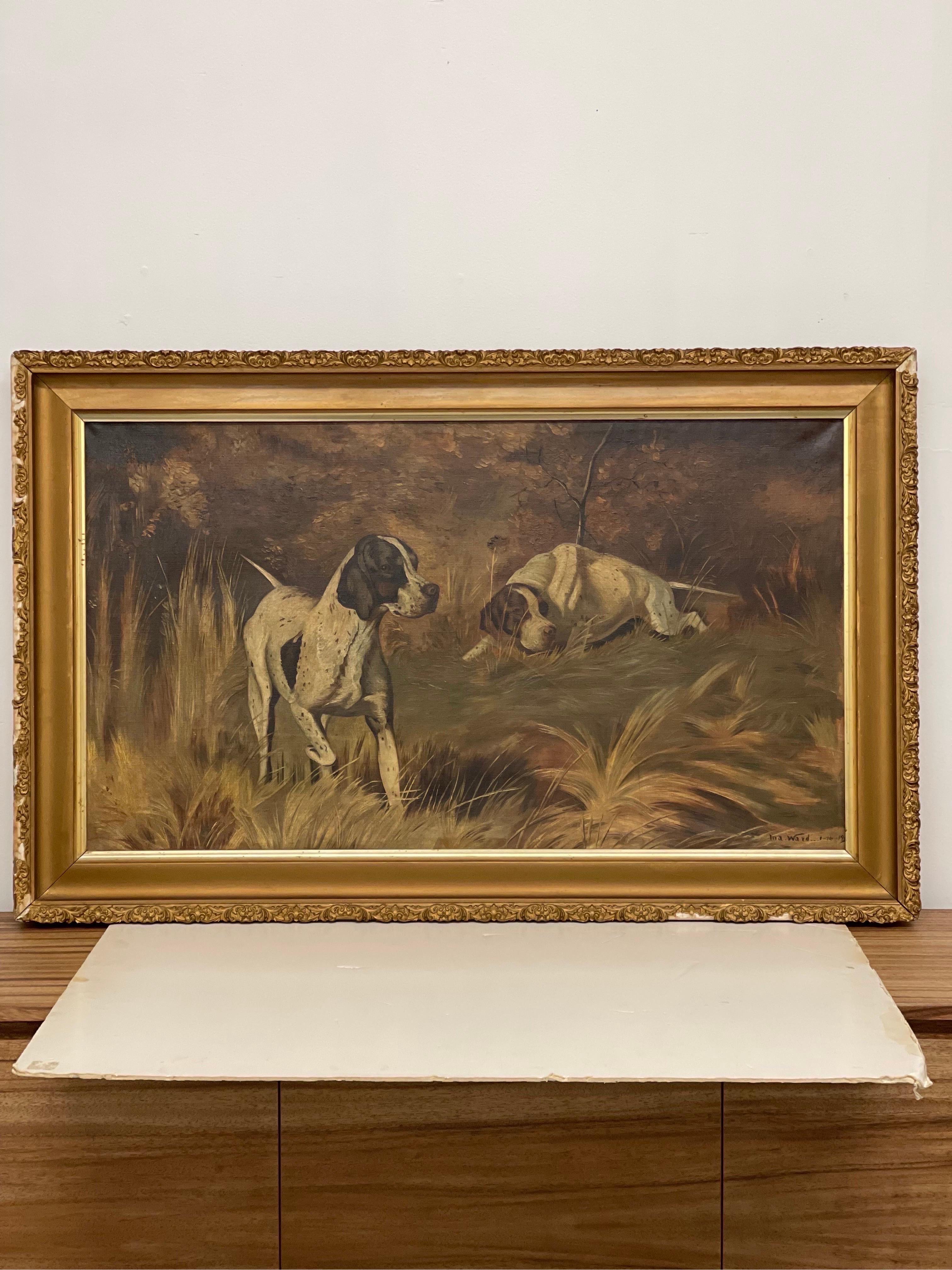 Vintage framed signed painting of serene scene with bloodhounds on canvas

Dimensions. 41 W ; 3 D ; 25 1/2 H.