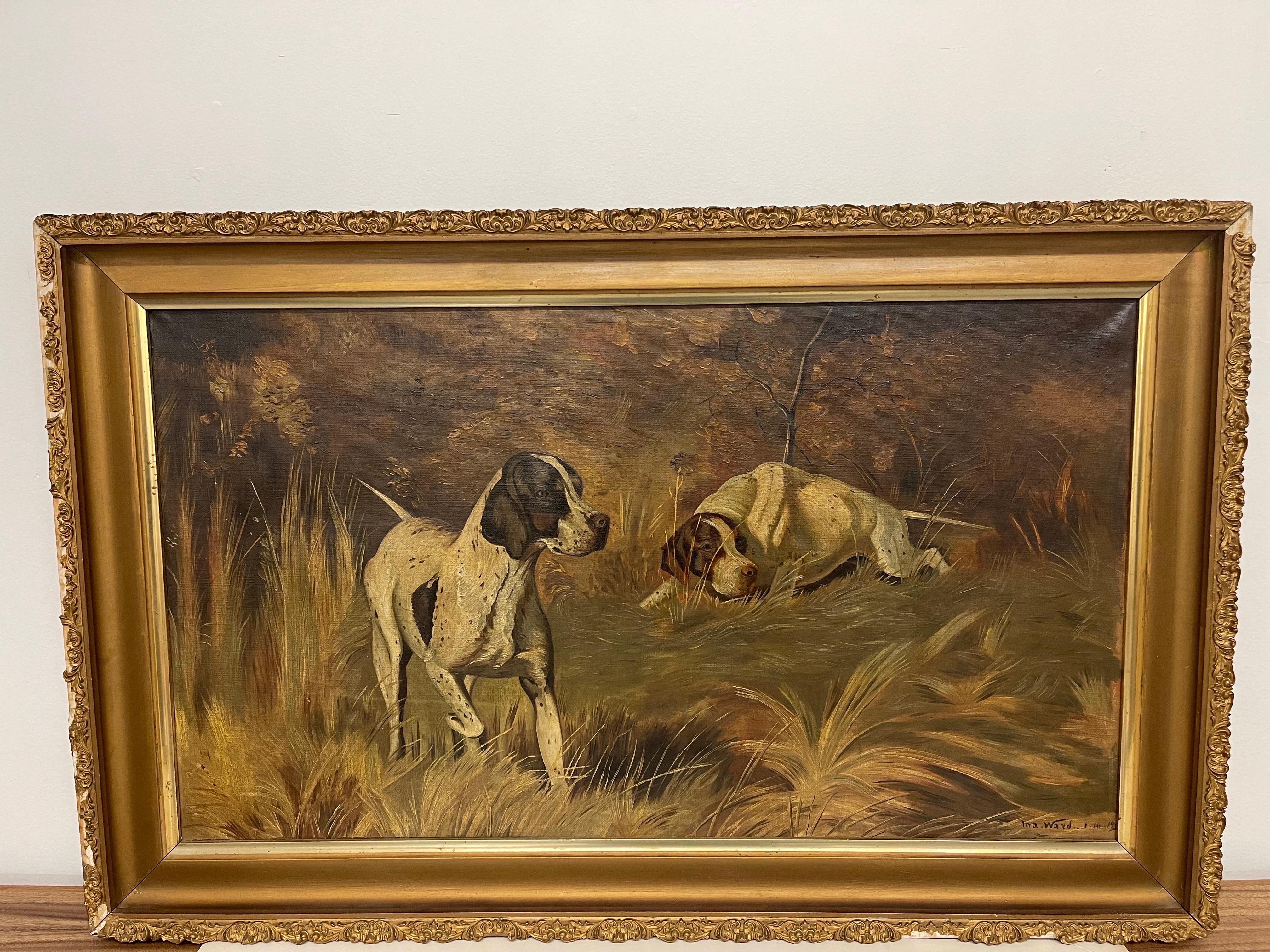 Vintage Framed Signed Painting of Serene Scene with Bloodhounds on Canvas In Good Condition In Seattle, WA