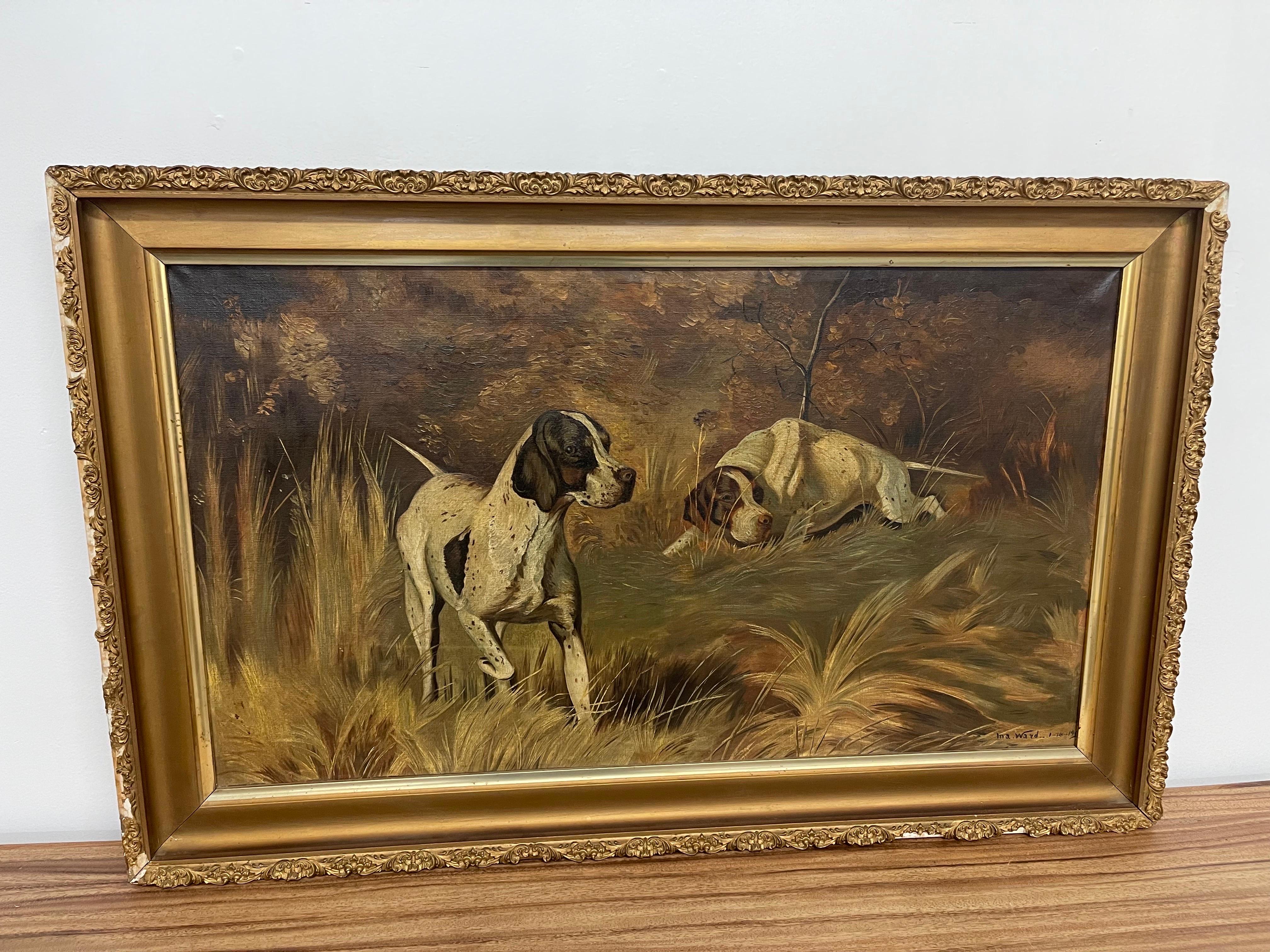 Late 20th Century Vintage Framed Signed Painting of Serene Scene with Bloodhounds on Canvas
