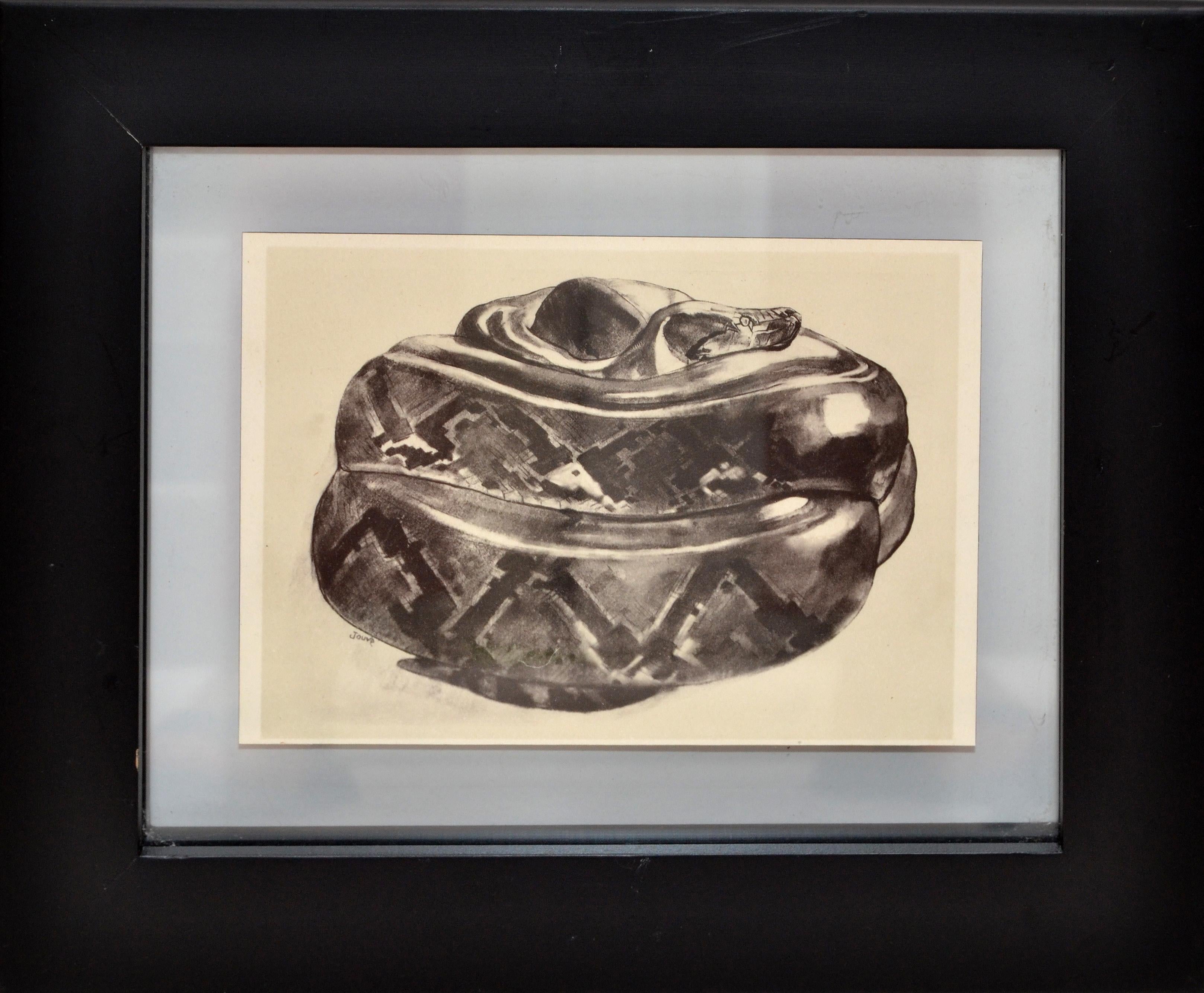 Vintage black wood framed sketch of a rolled up snake, from the Book Peinture et Dessins de Paul Jouve.
Dated circa 1930. Not an original Paul Jouve drawing.
Sketch size: 7.5 x 5.25 inches.
Jouve visited zoos all over the world, observing lions,