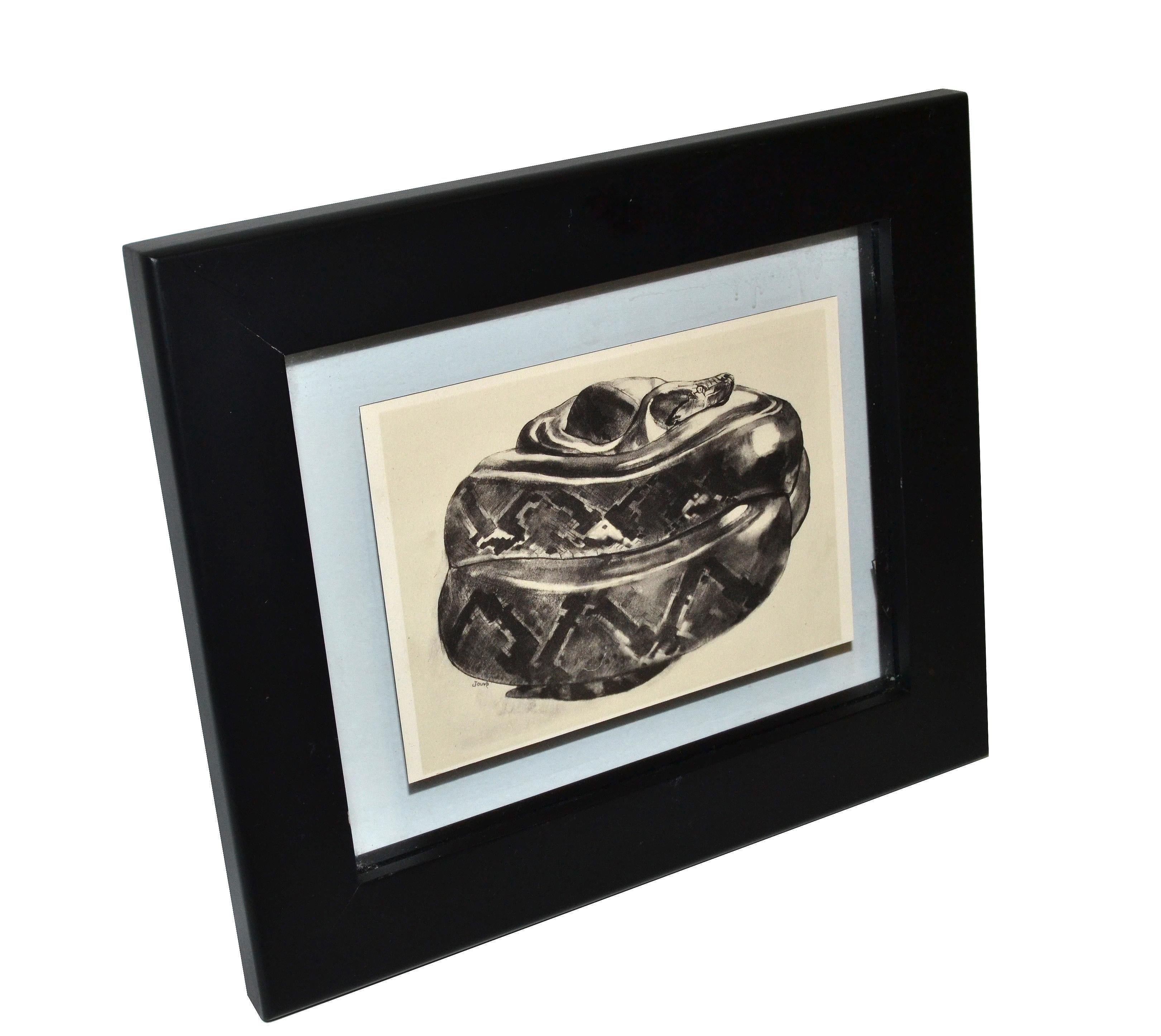 Ebonized Vintage Framed Sketch Snake from the Book Peinture et Dessins de Paul Jouve 1930 For Sale