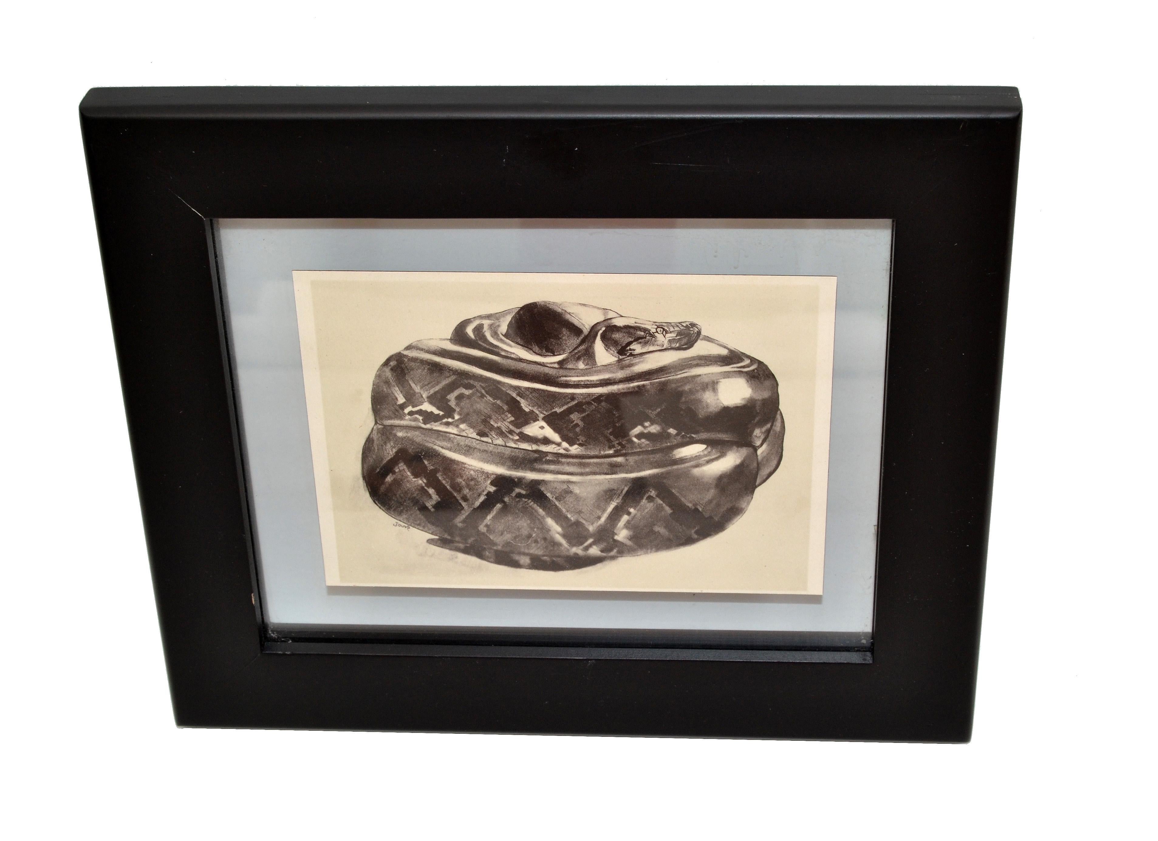 20th Century Vintage Framed Sketch Snake from the Book Peinture et Dessins de Paul Jouve 1930 For Sale