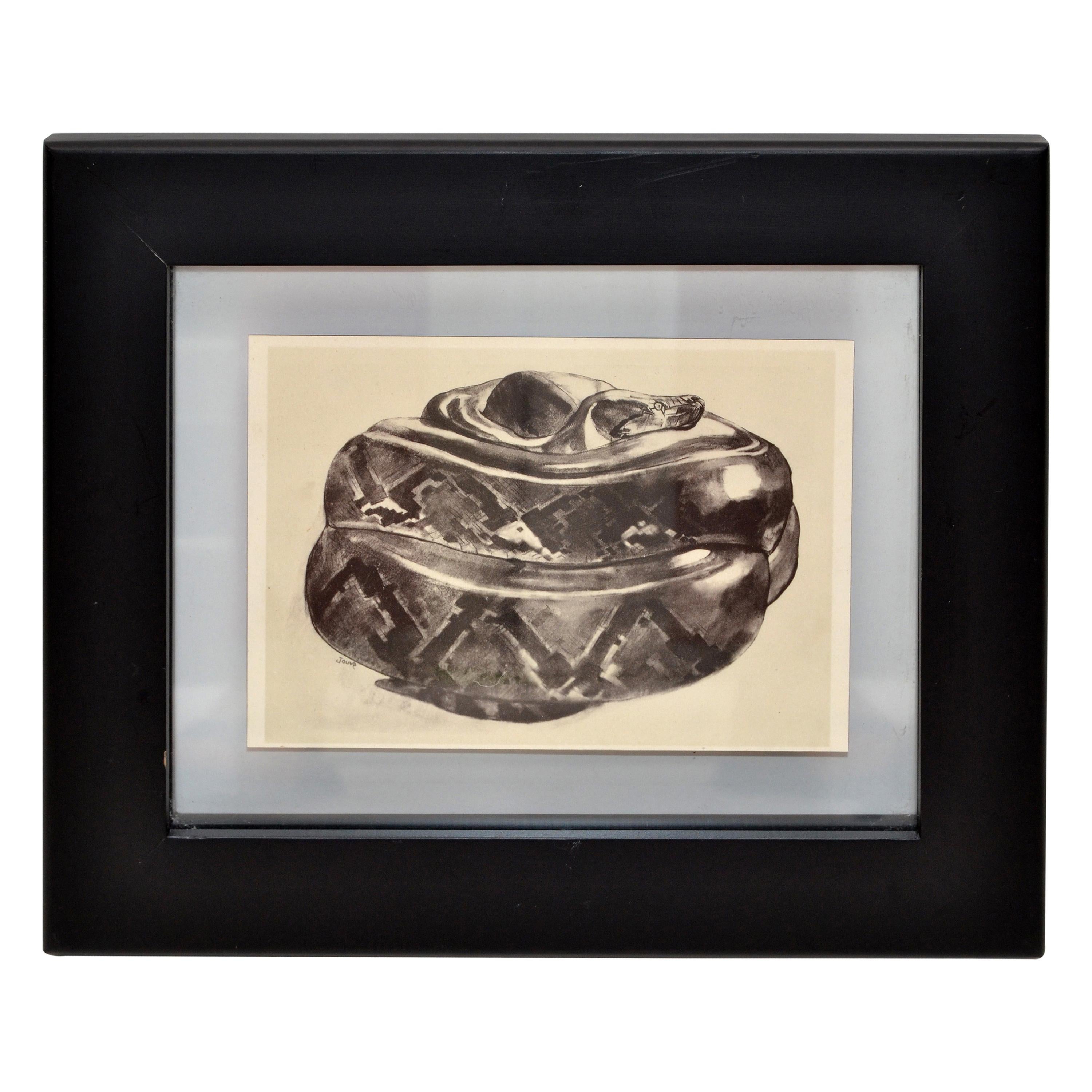 Vintage Framed Sketch Snake from the Book Peinture et Dessins de Paul Jouve 1930