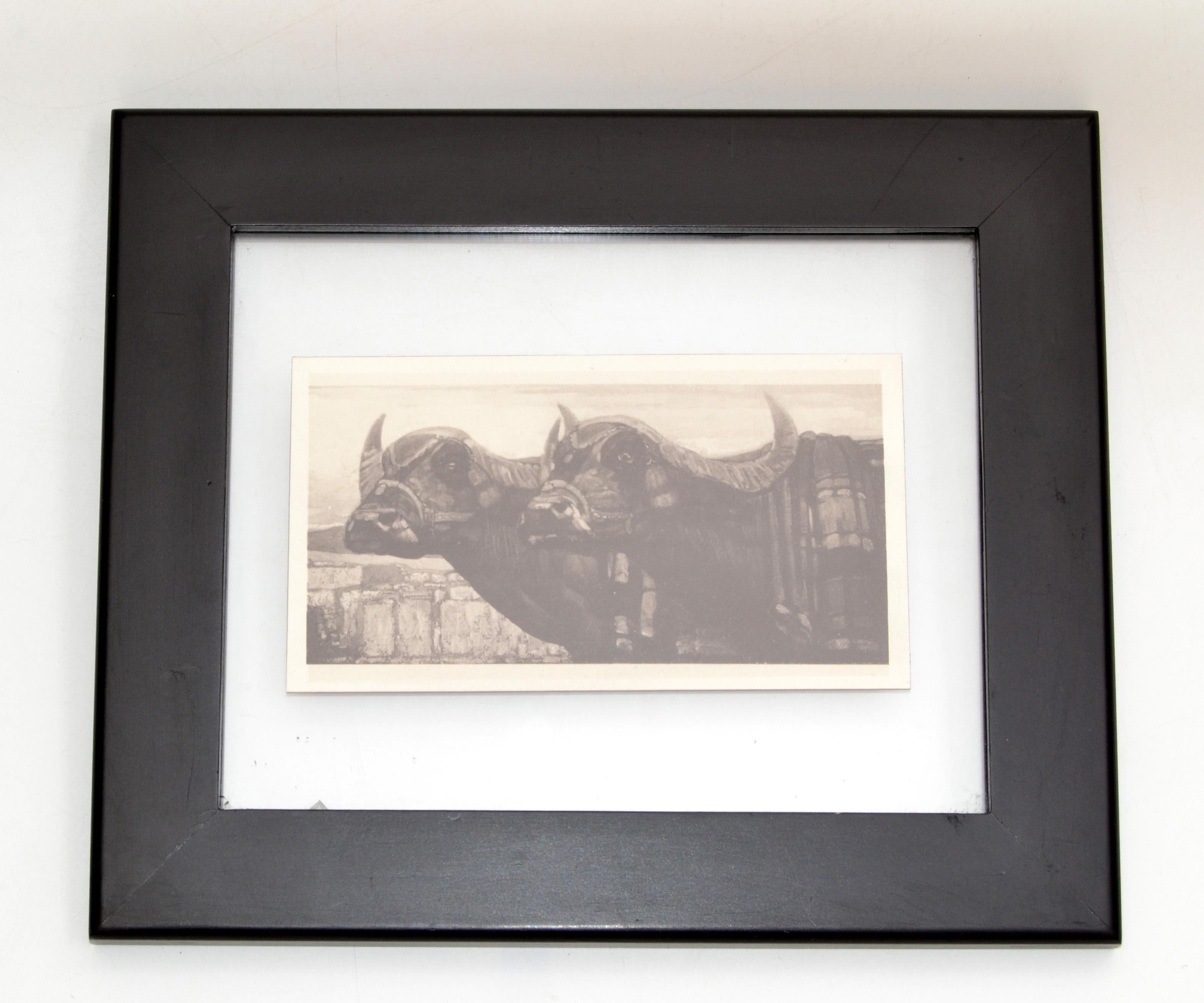 Vintage black wood framed sketch of two cows, from the Book Peinture et Dessins de Paul Jouve.
Dated circa 1930. Not an original Paul Jouve drawing.
Sketch size: 7.75 x 4.38 inches.
Jouve visited zoos all over the world, observing lions, tigers,