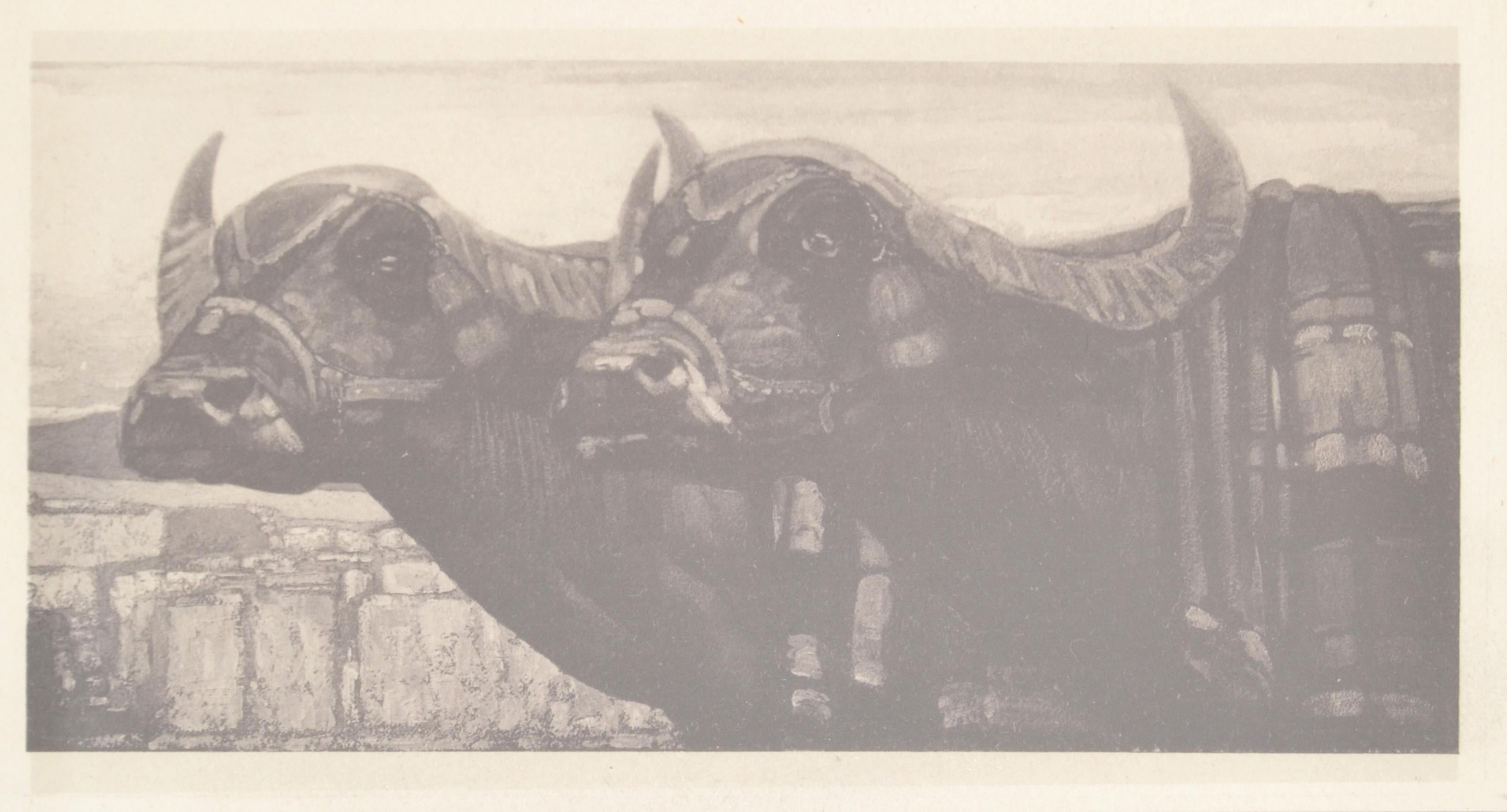 Mid-Century Modern Vintage Framed Sketch Two Cows Book Peinture et Dessins de Paul Jouve, 1930 For Sale