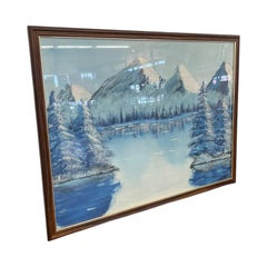 Vintage Framed Snow-Capped Mountain Lake Landscape Painting, Signed.