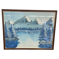 Vintage Framed Snow-Capped Mountain Lake Landscape Painting, Signed.