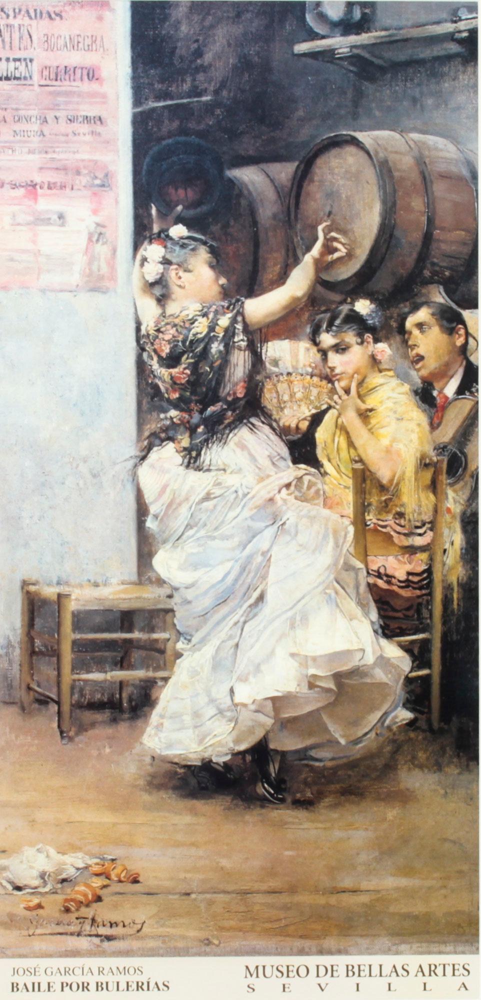 A beautiful vintage framed Spanish museum print of a Flamenco dancer, dating from the second half of the 20th century.

The print features a dancer in traditional costume and bears the text Jose Garcia Ramos, Baile Por Bulerias, Museo De Bellas