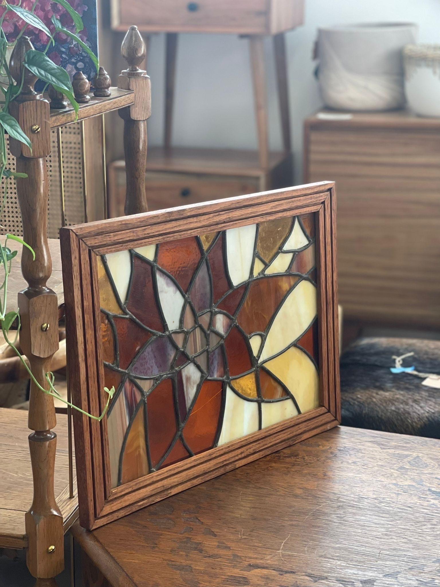 Vintage Framed Stained Glass Brown Beige Yellow White Abstract Flower Pattern. In Good Condition For Sale In Seattle, WA