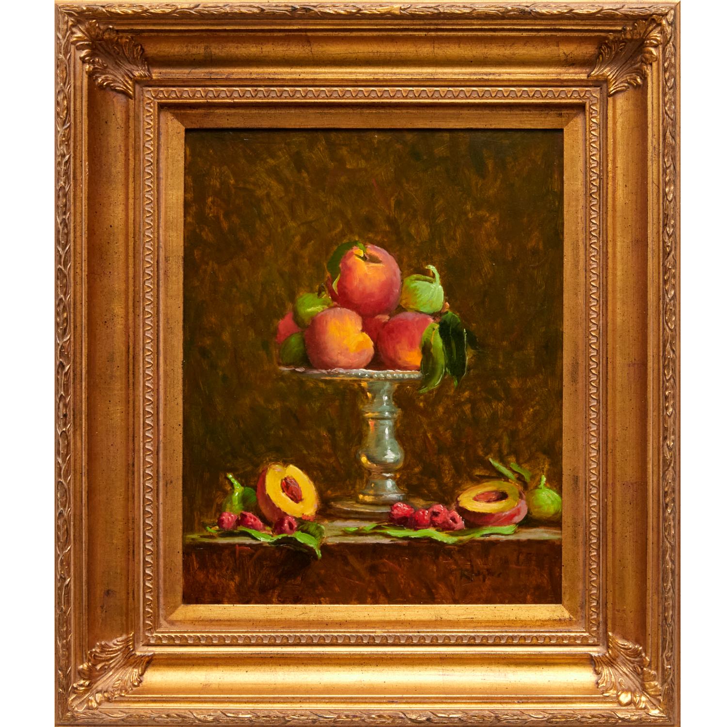 Canvas Vintage Framed Still Life Painting of Summer Fruits by Jim Rodgers For Sale