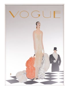 Specchio dipinto d’epoca incorniciato in stile “Vogue” con una ragazza flapper e un signore con il cilindro