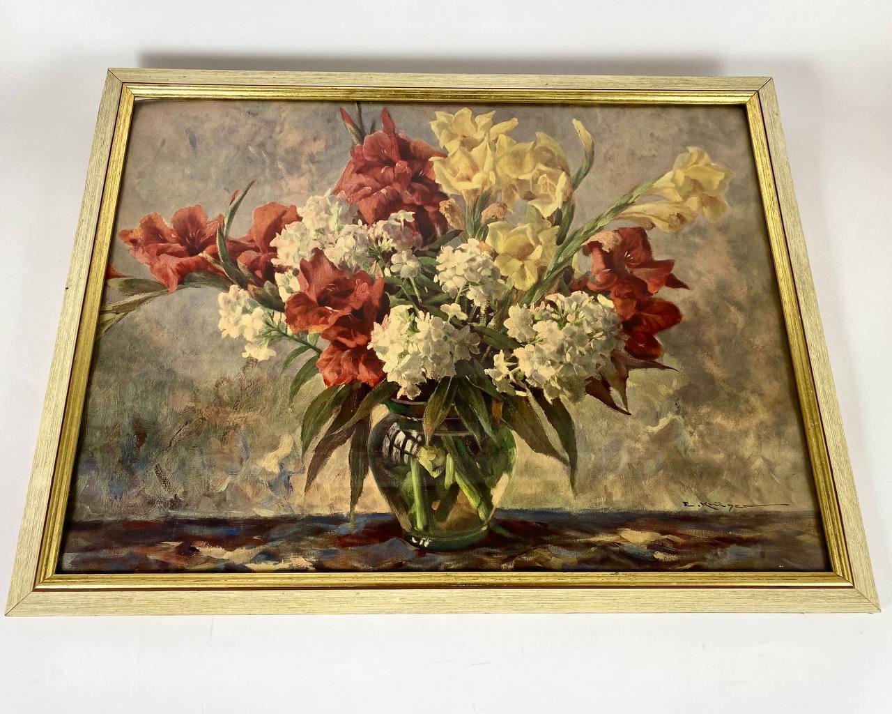 Vintage Framed Watercolor Painting «Gladiolus and Phlox» by German artist Erich Kruger (1897-1978). 

Original authentic watercolor depicting bouquet of Gladiolus and Phlox in the vase. The work is framed in a classic gilt wooden frame. The color