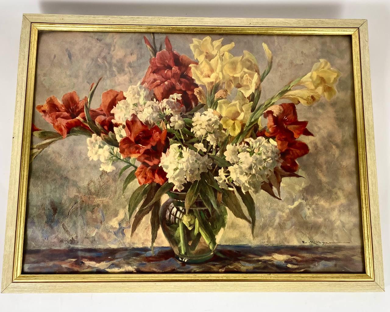 Vintage Framed Watercolor Painting «Gladiolus and Phlox» by German Erich Kruger In Excellent Condition In Bastogne, BE