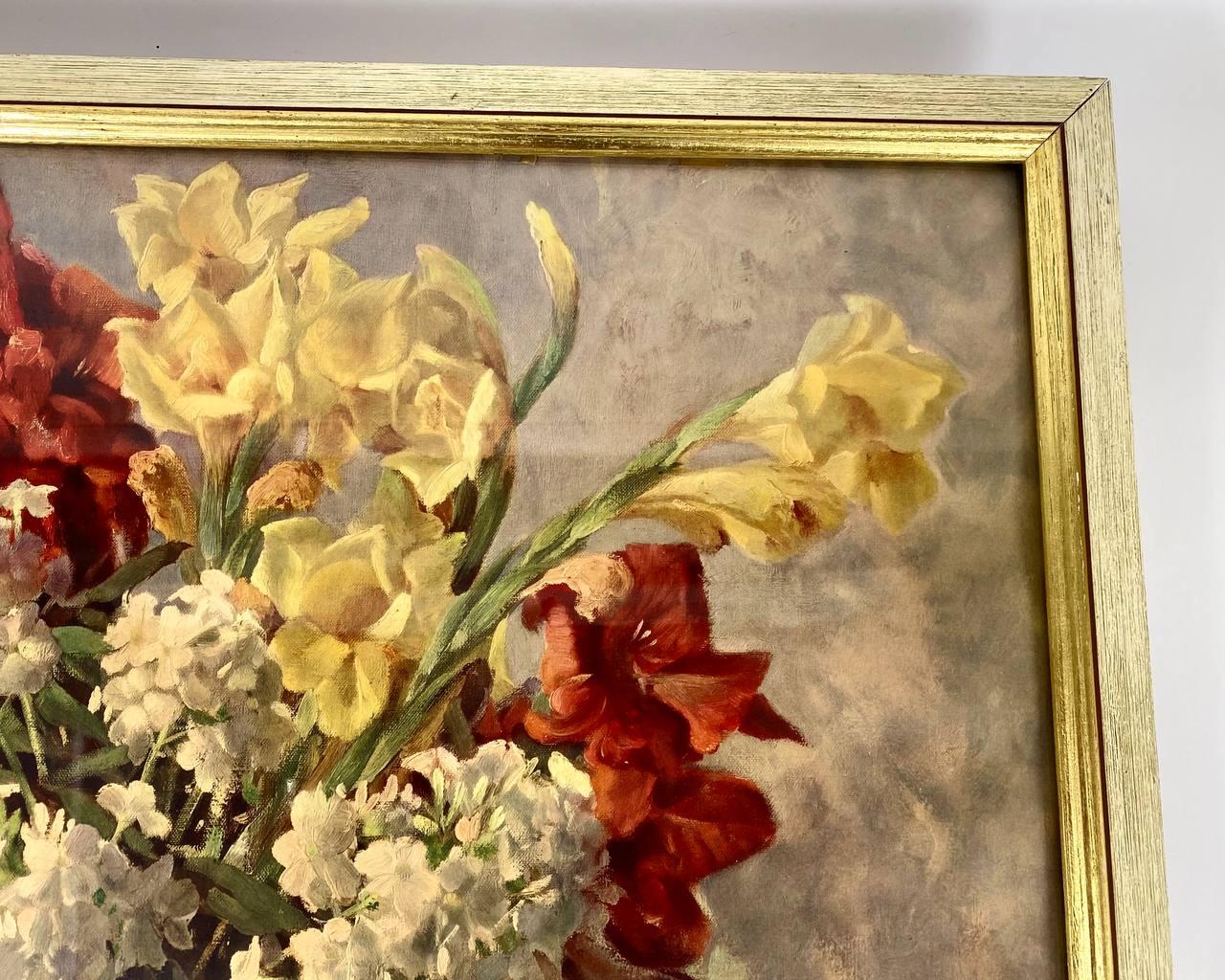 Mid-20th Century Vintage Framed Watercolor Painting «Gladiolus and Phlox» by German Erich Kruger