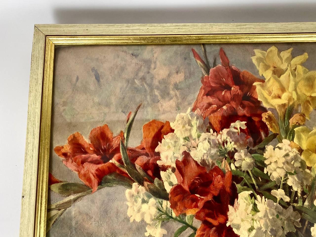 Glass Vintage Framed Watercolor Painting «Gladiolus and Phlox» by German Erich Kruger