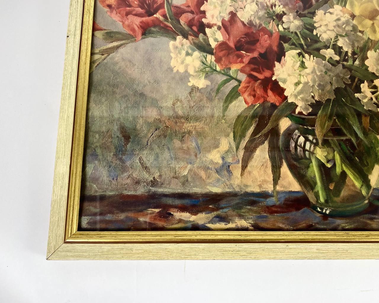 Vintage Framed Watercolor Painting «Gladiolus and Phlox» by German Erich Kruger 2