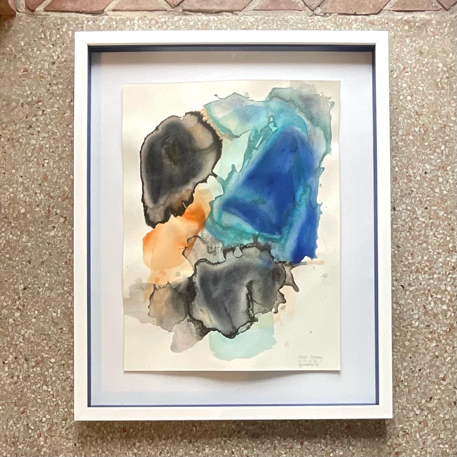 Vintage watercolor on paper artwork. This incredible block abstract is set inside a layered shadow box with a complimentary navy interior border and sleek white frame. This is one of a set of 2, the other is also available. Signed and titled by the